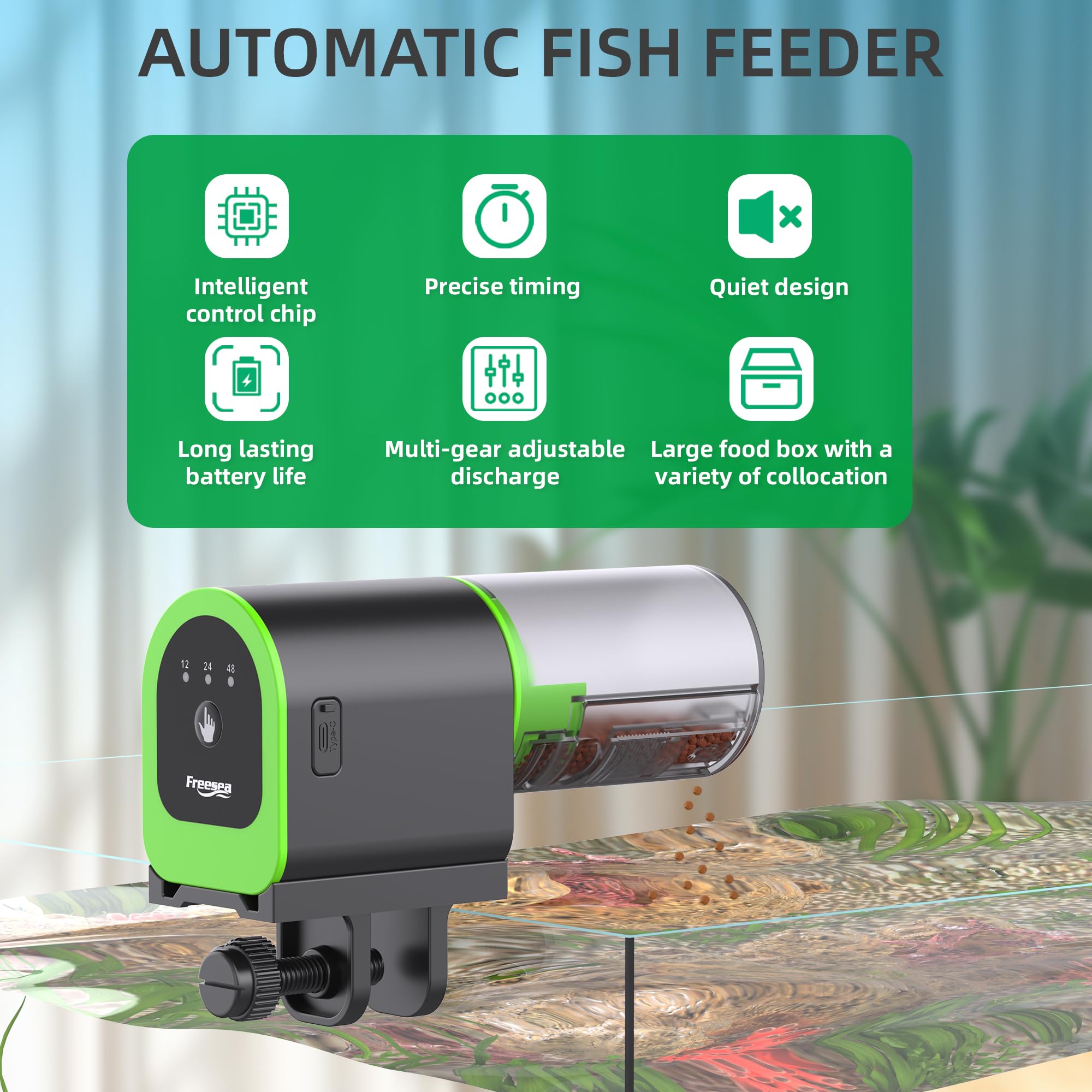 FREESEA timer display highlights programmable feeds for fish