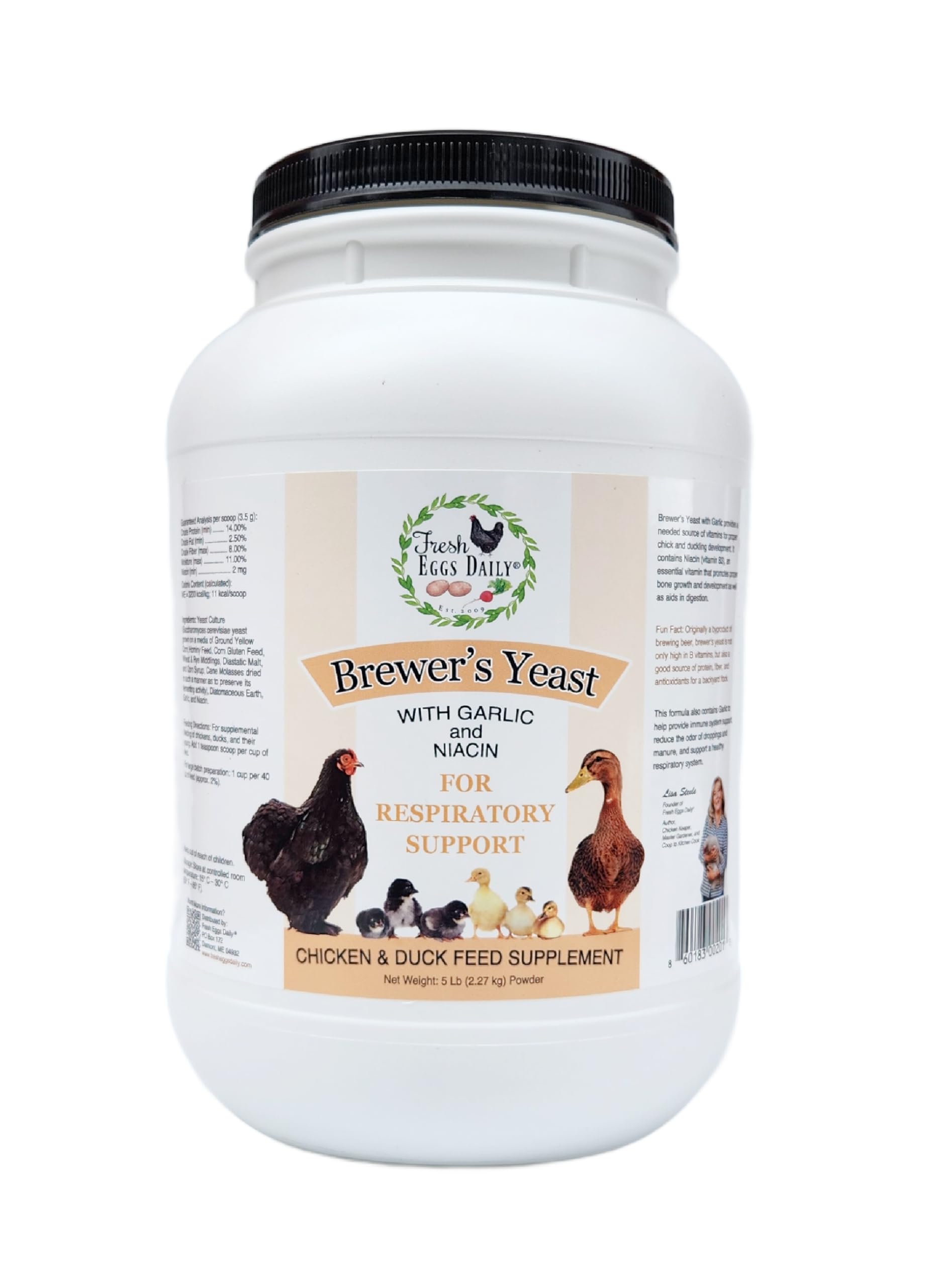 Fresh Eggs Daily brewers yeast garlic powder 5lb bottle highlights niacin rich supplement for backyard flocks.