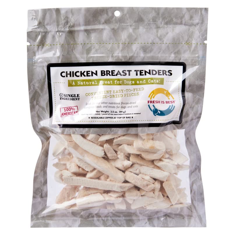 Fresh Is Best freeze-dried chicken breast dog treats bag close-up, high-protein reward for training