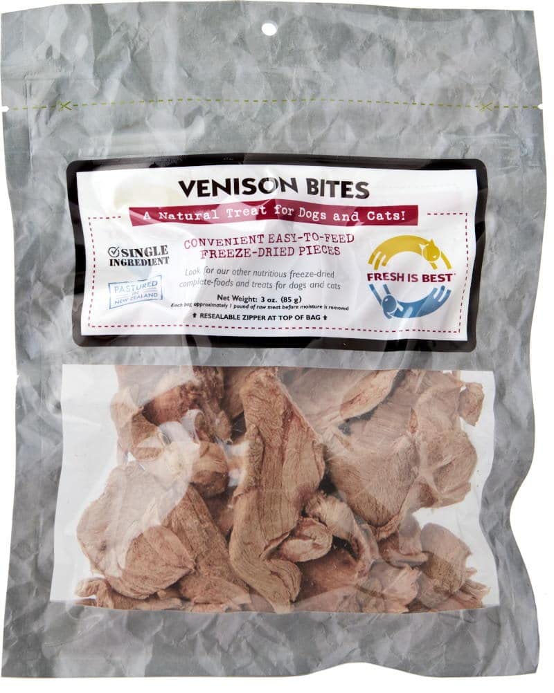 Fresh Is Best Venison Bites packaging, vacuum-sealed to preserve freshness and nutrients.