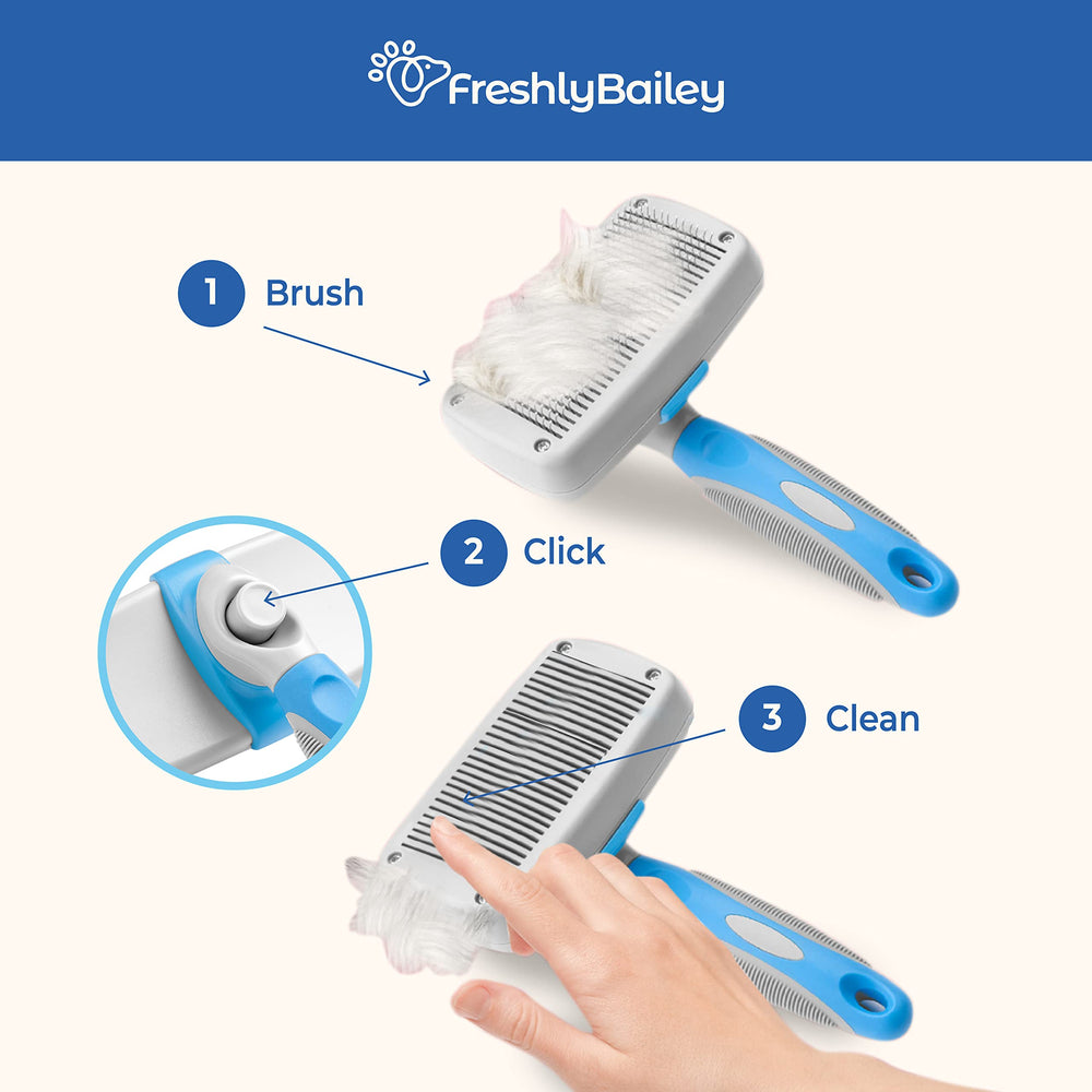 Freshly Bailey slicker brush bristles close-up, retractable to prevent poking during brushing