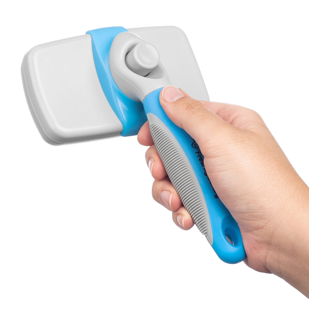 Freshly Bailey slicker brush bristle retraction feature protects fur while grooming