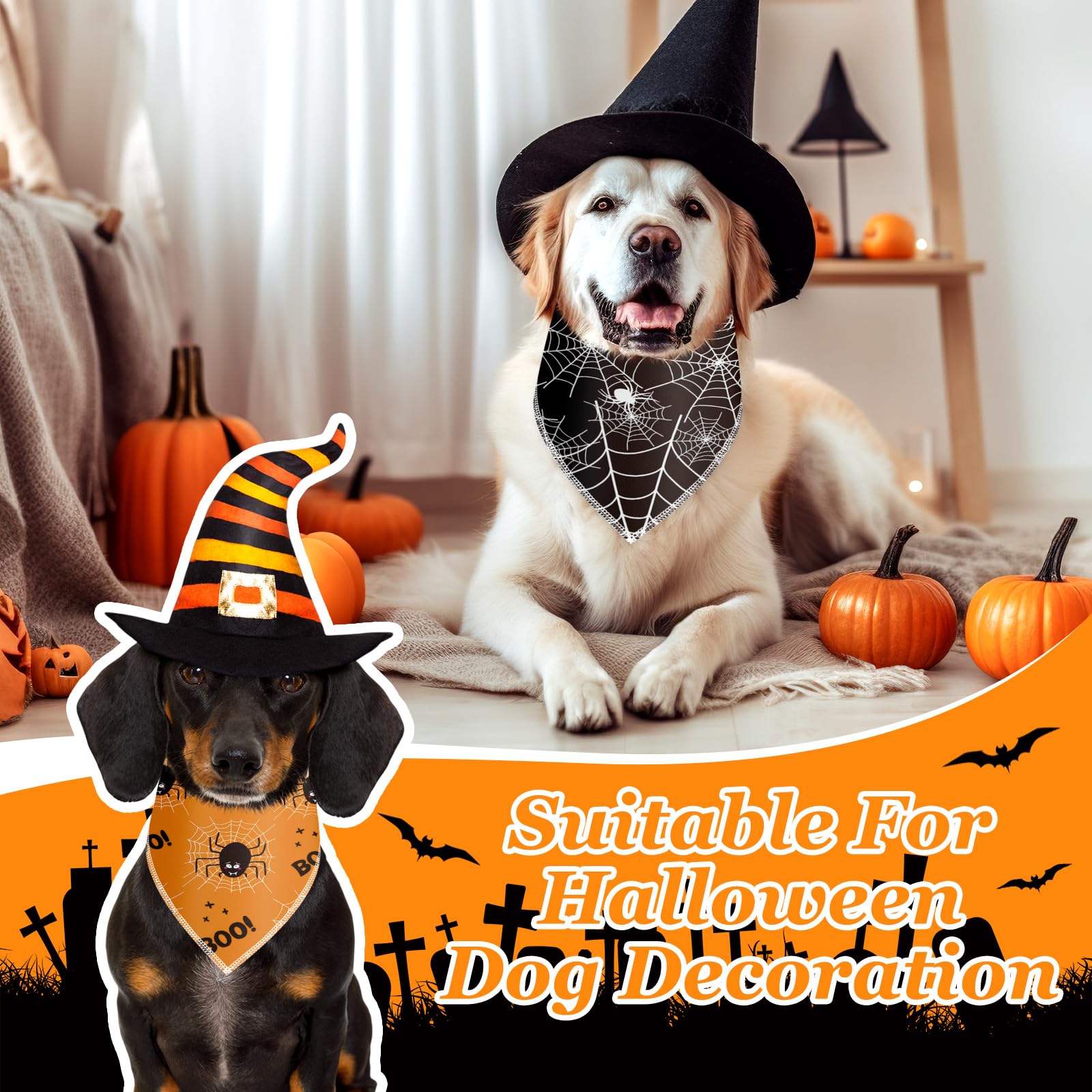 Frienda spider-web orange dog bandana for Halloween visibility during outings