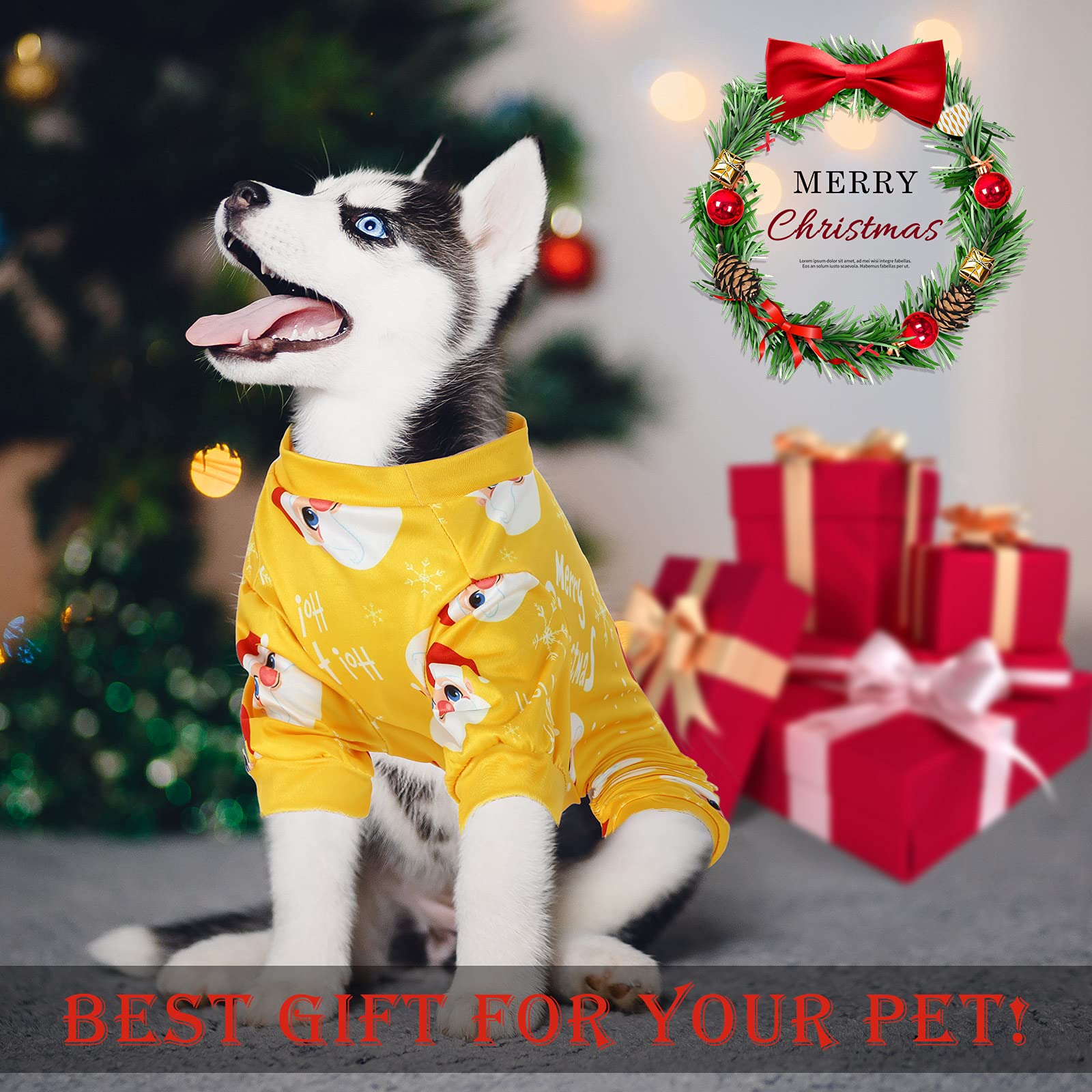 Frienda pijama para perro navidad diseño alegre frontal, resalta en fotos navideñas.