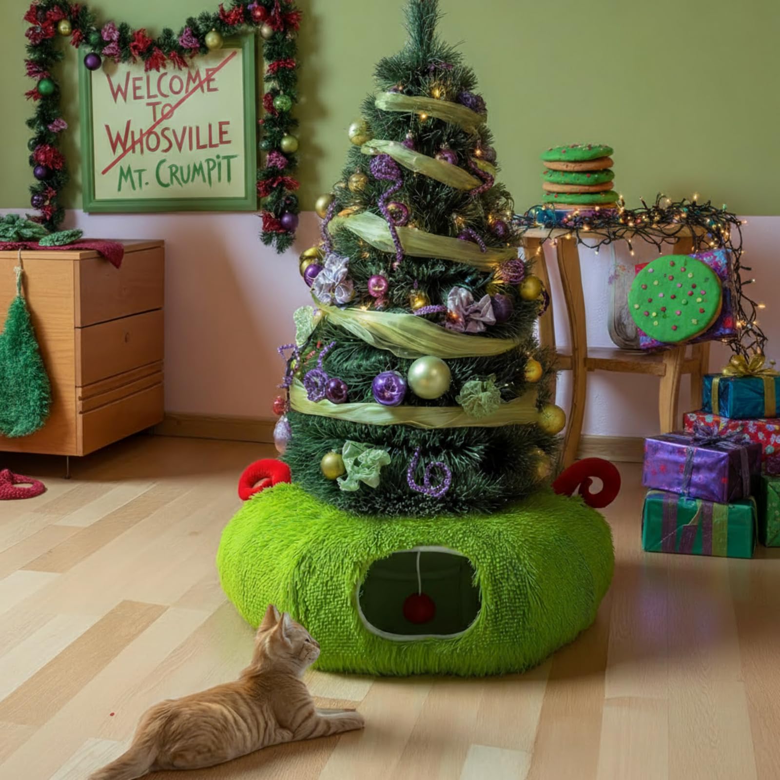 Frienda protective barrier around tree helps keep decor intact while pets play