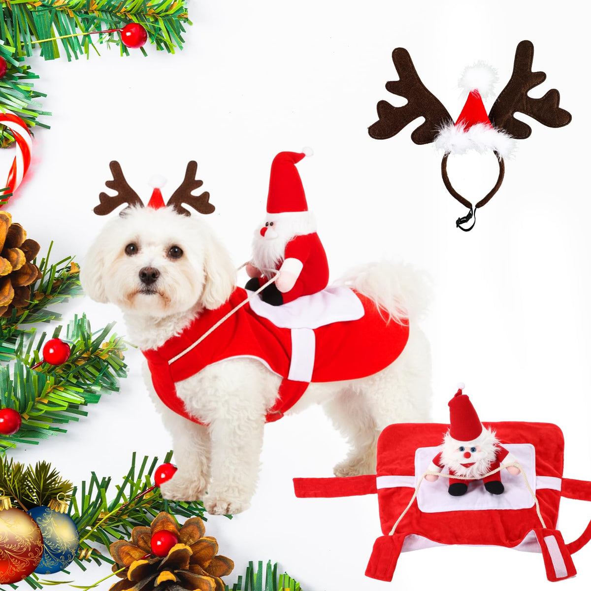 Frienda Santa dog costume front view shows cozy, adjustable fit for festive outings.