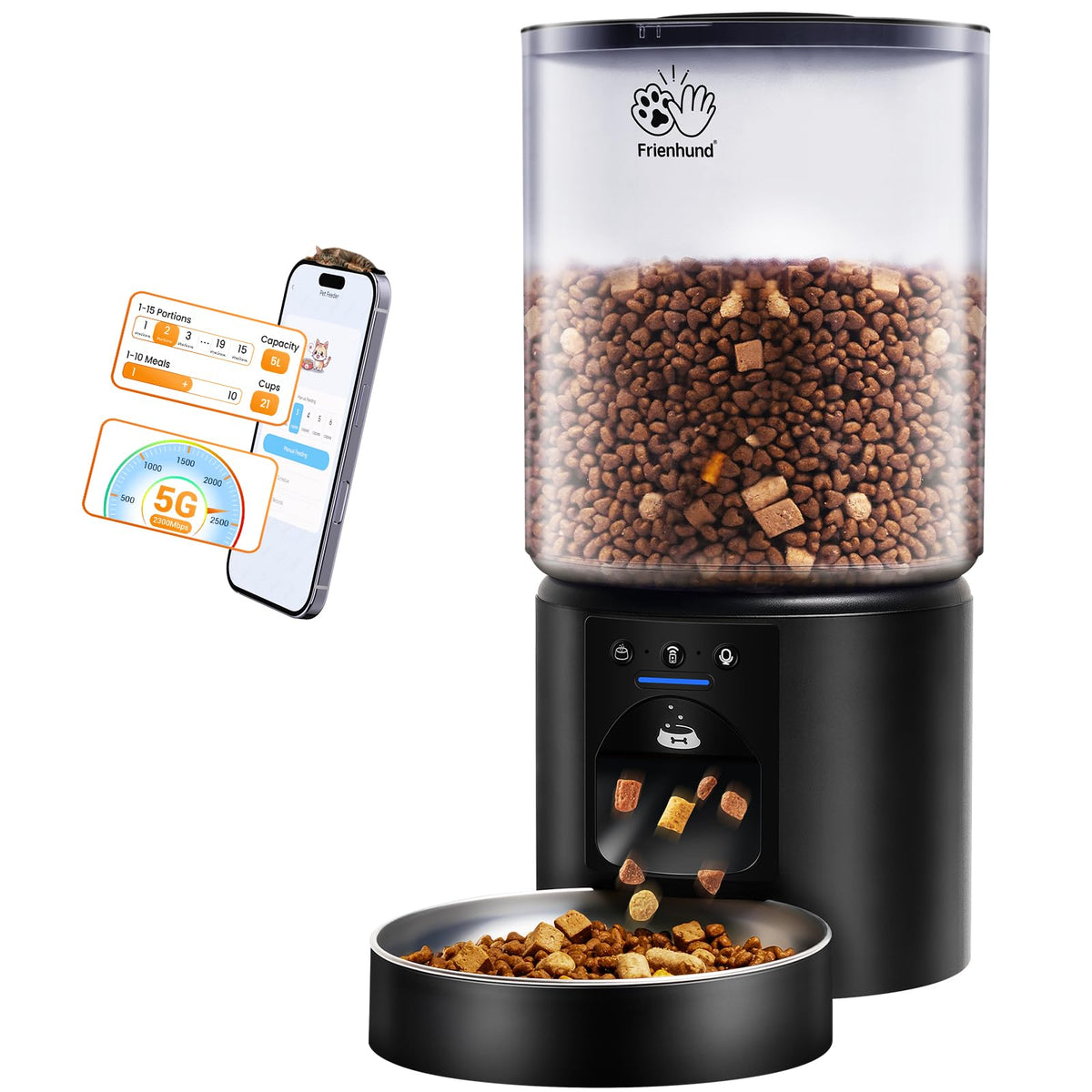 Frienhund automatic cat feeder app control display shows scheduling options and feed settings.