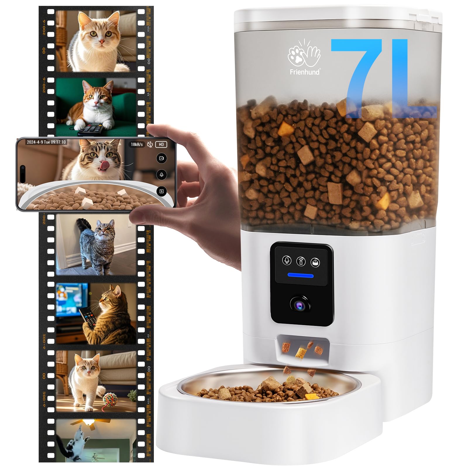 Frienhund automatic cat feeder camera front view for remote monitoring and peace of mind.