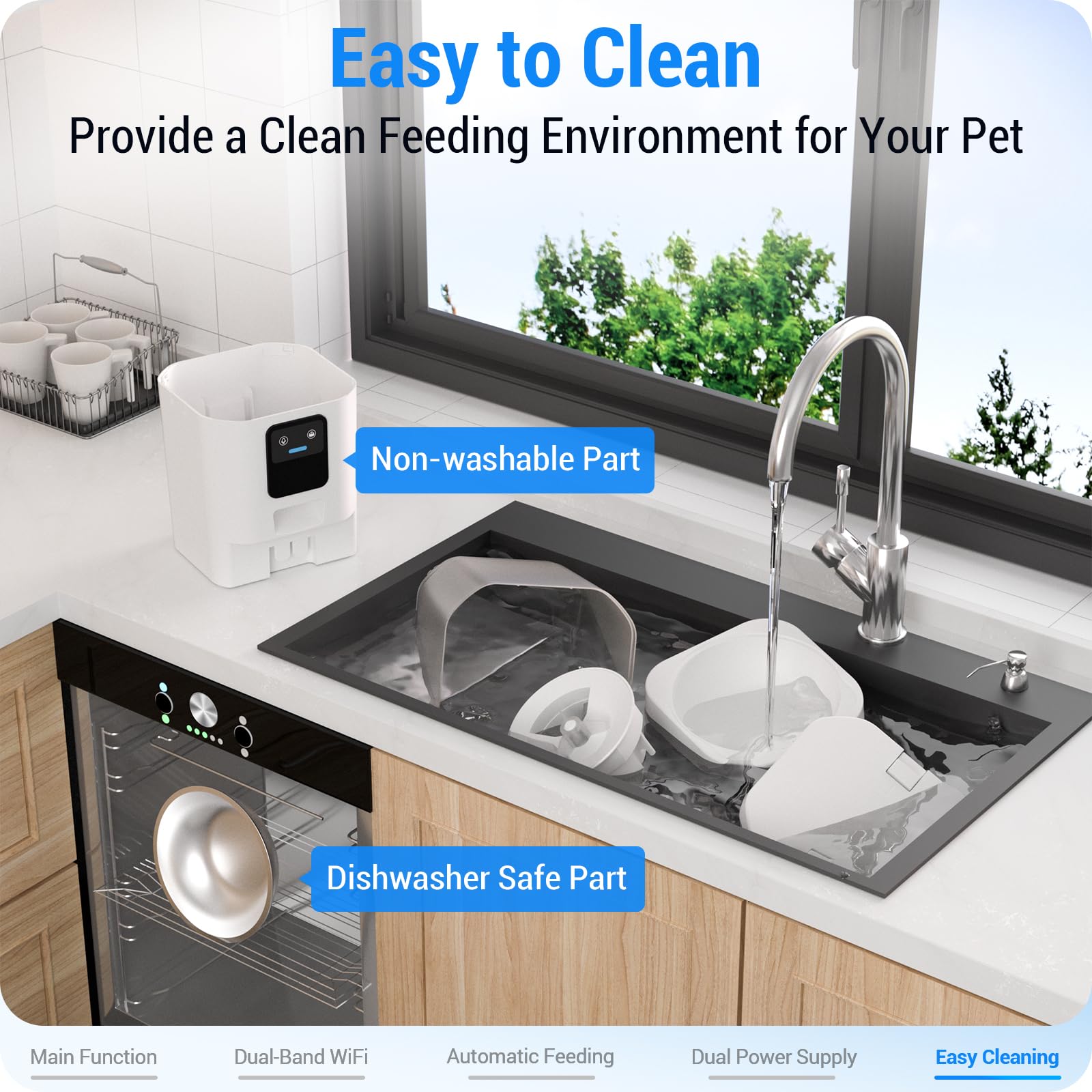 Frienhund wall-mount carabiner design prevents bowls from being knocked over.