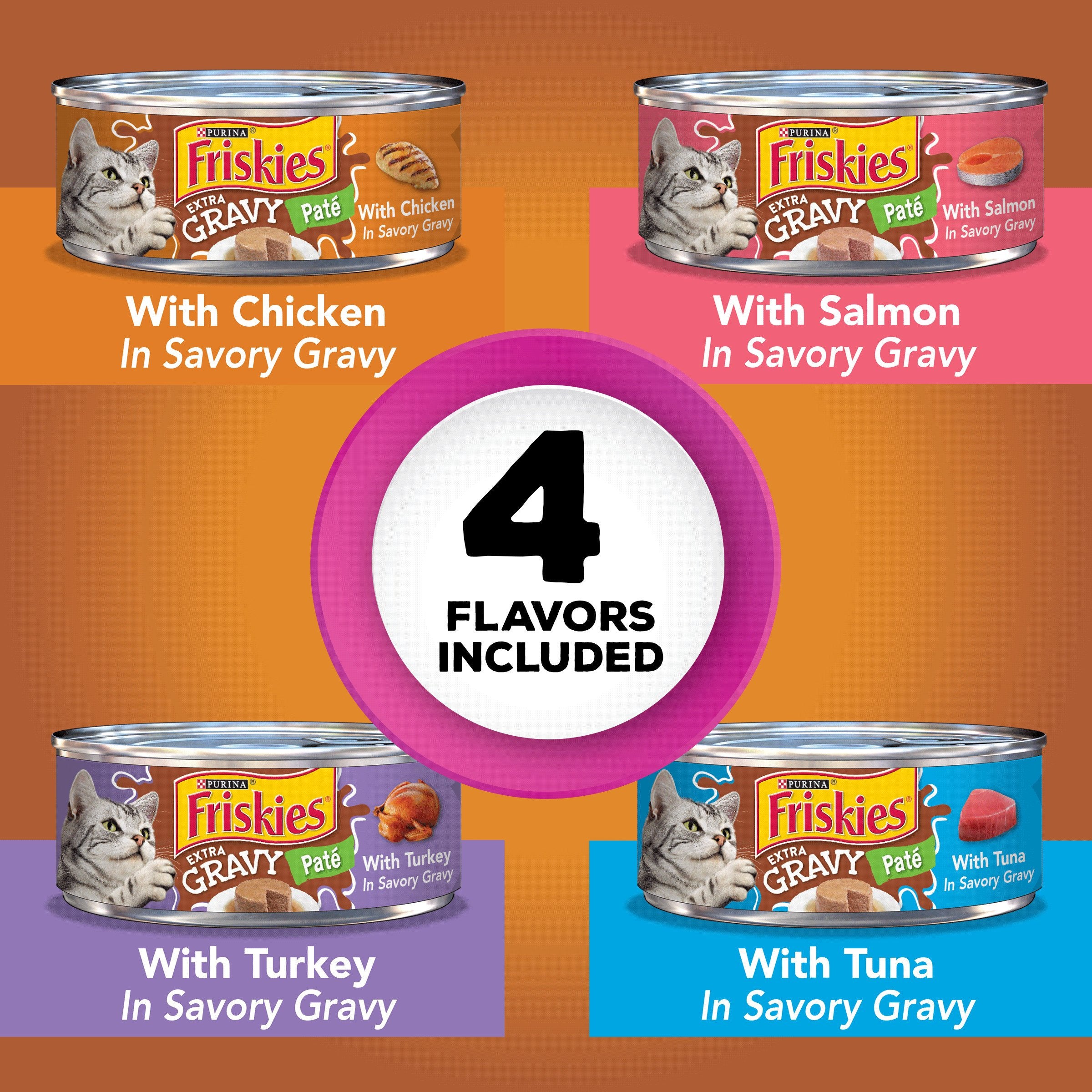 Friskies extra gravy pate cans highlight richer flavor and moisture for tender bites.