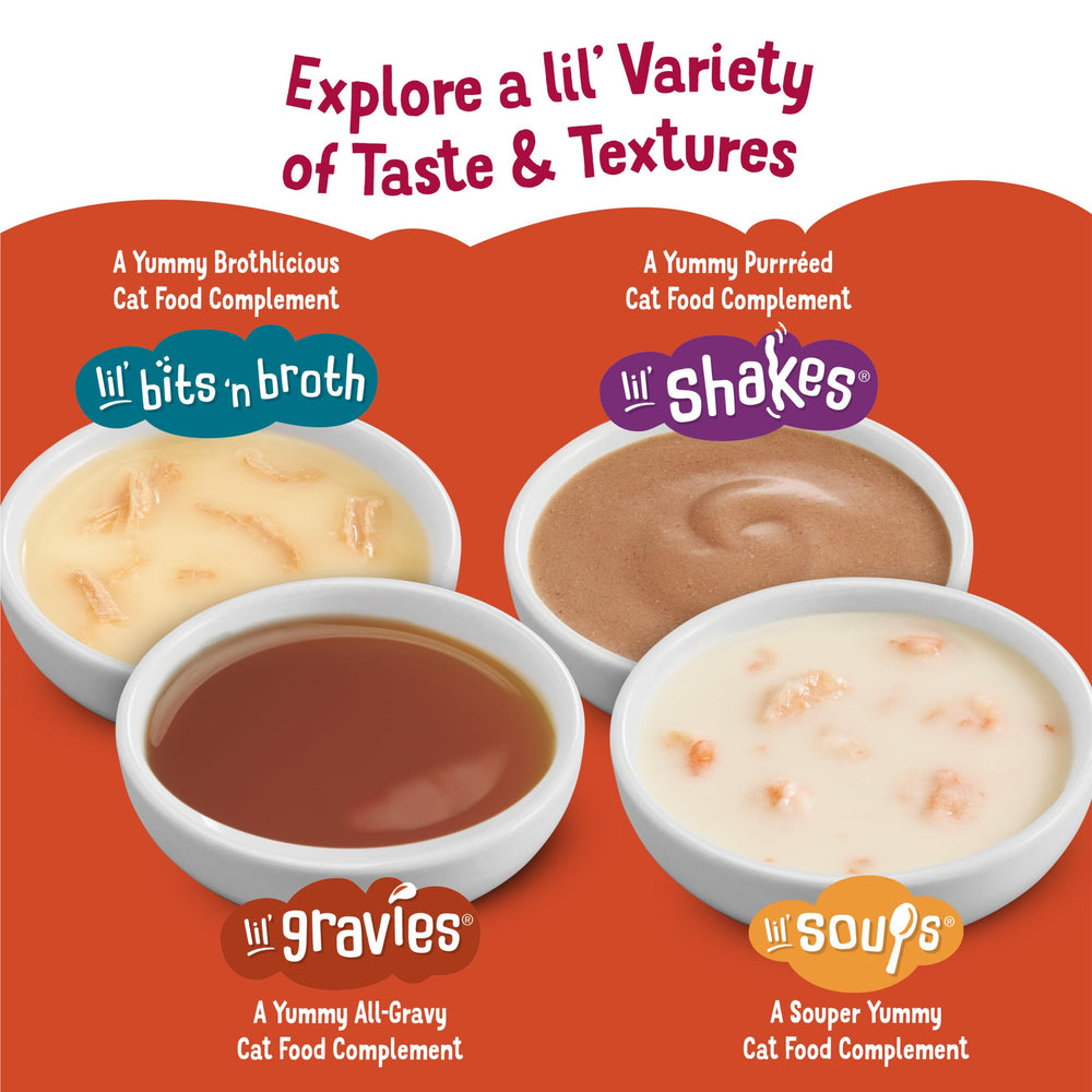 Friskies Lil' Gravies gravy-serving demonstrates quick topping application.