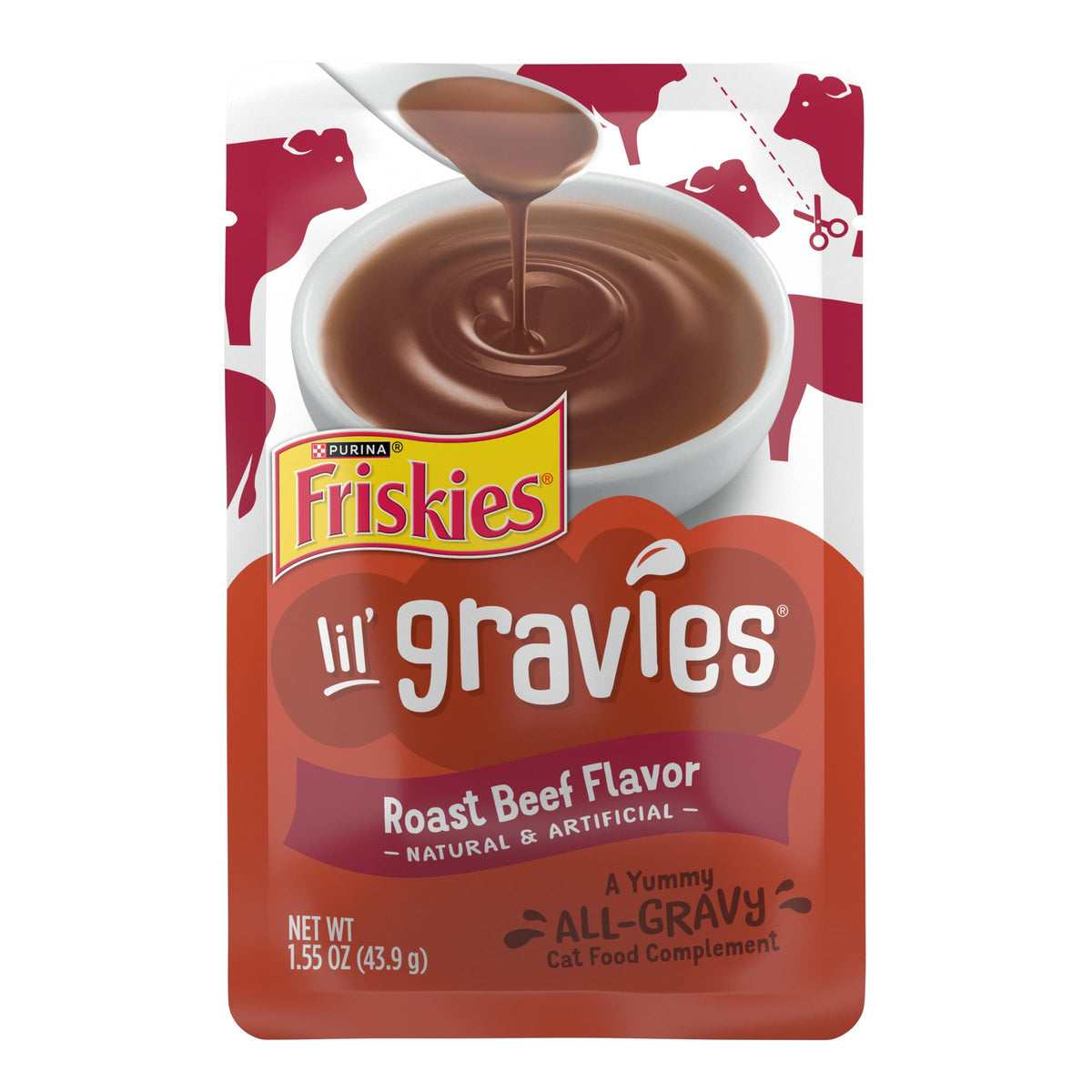 Friskies Lil' Gravies roast-beef-pouch adds savory gravy to dry meals.