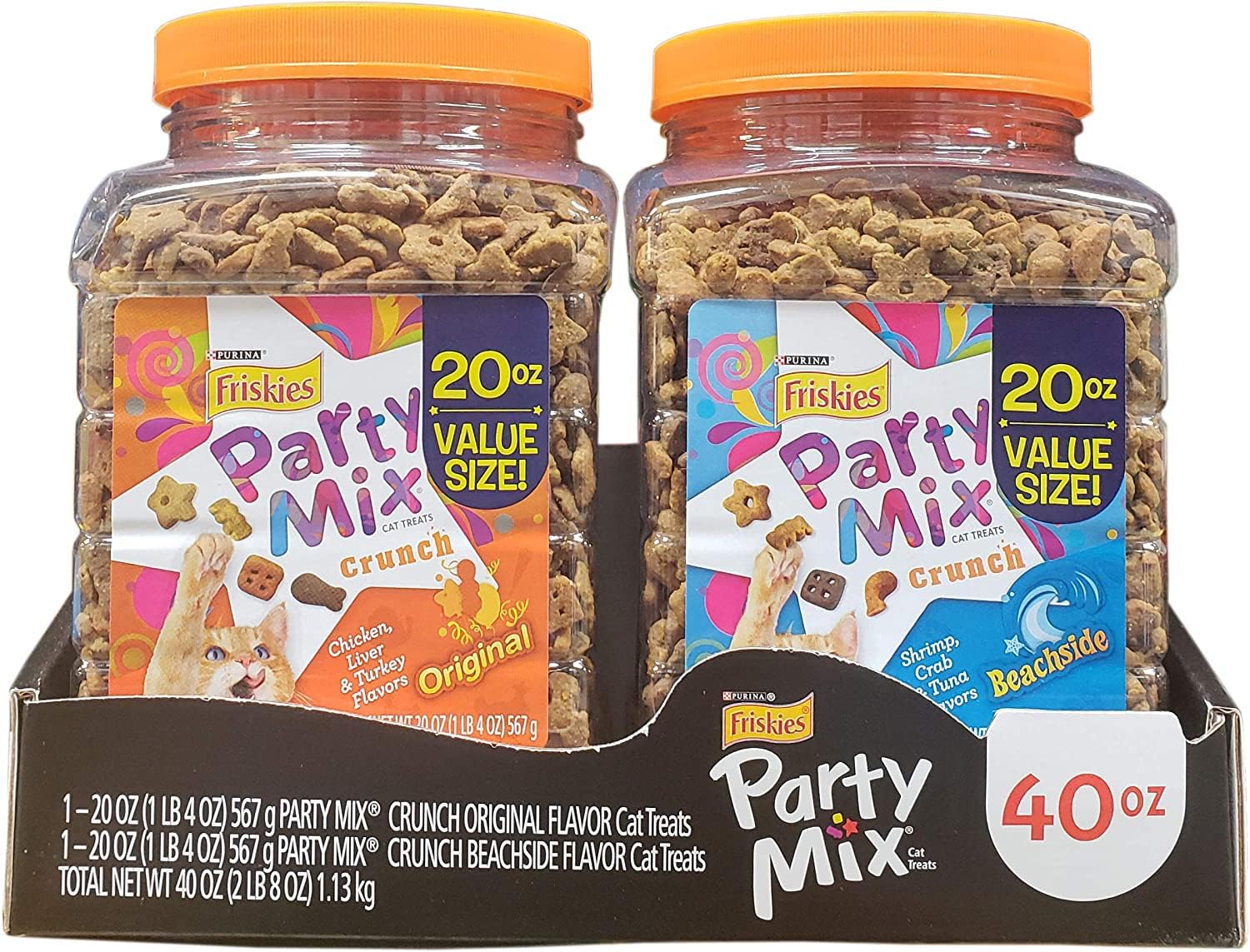 Friskies Party Mix ocean-crunch-treats engages cats with seafood flavors and a crunchy texture for snack time