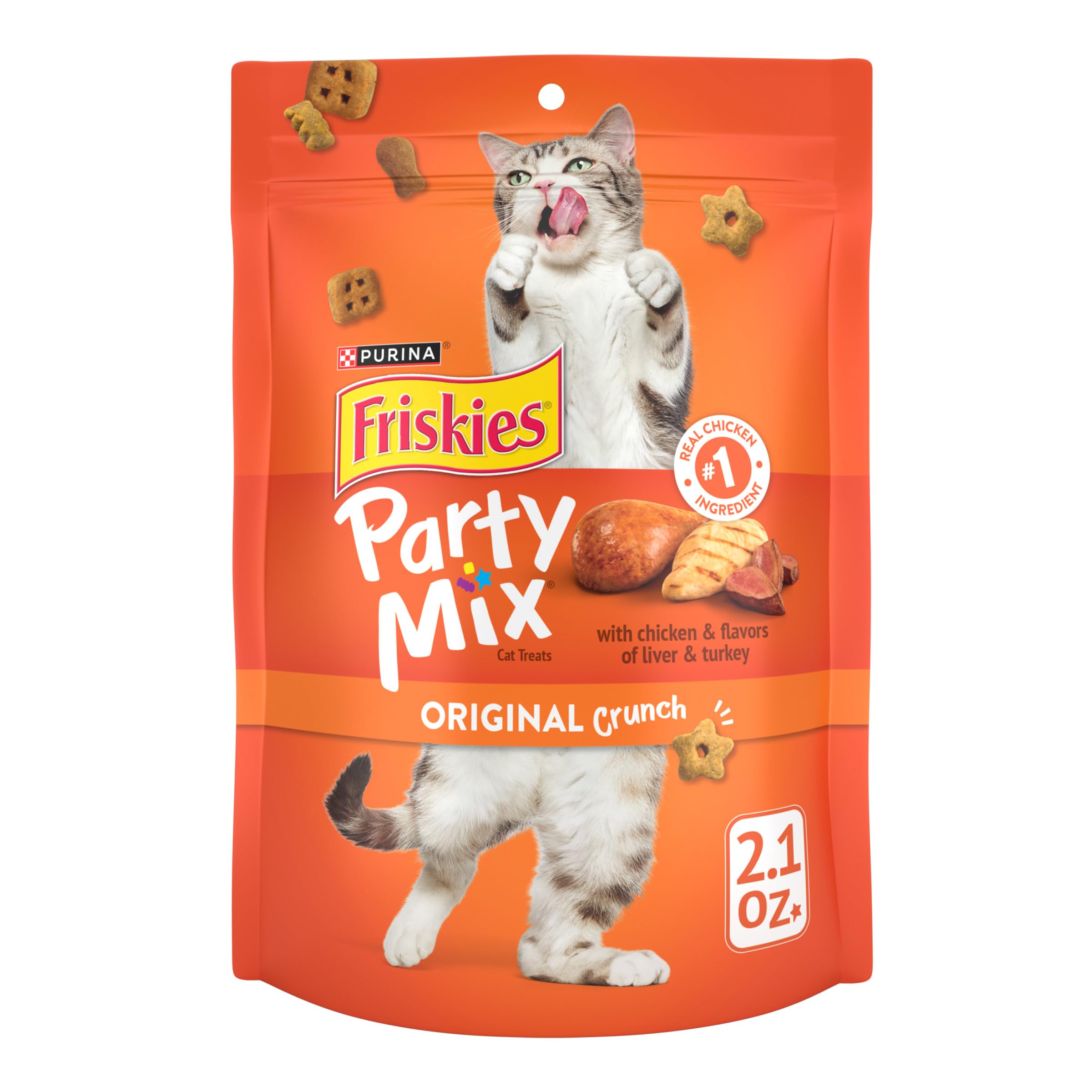 Purina Friskies Party Mix Original Crunch, bolsa de 2.1 oz para premiar al gato.