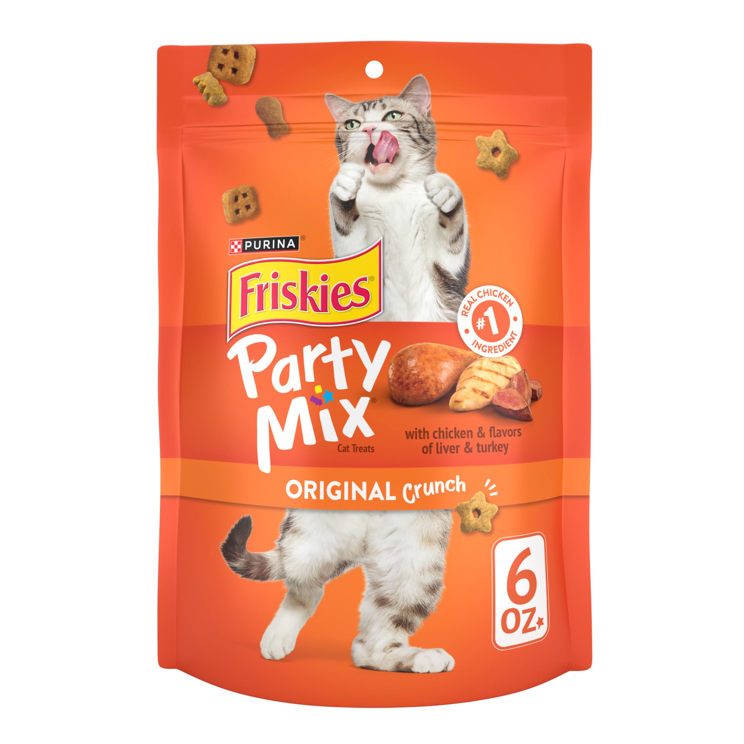 Friskies Party Mix Original Crunch chicken-first ingredient in a cat treat bowl for rewarding snacking