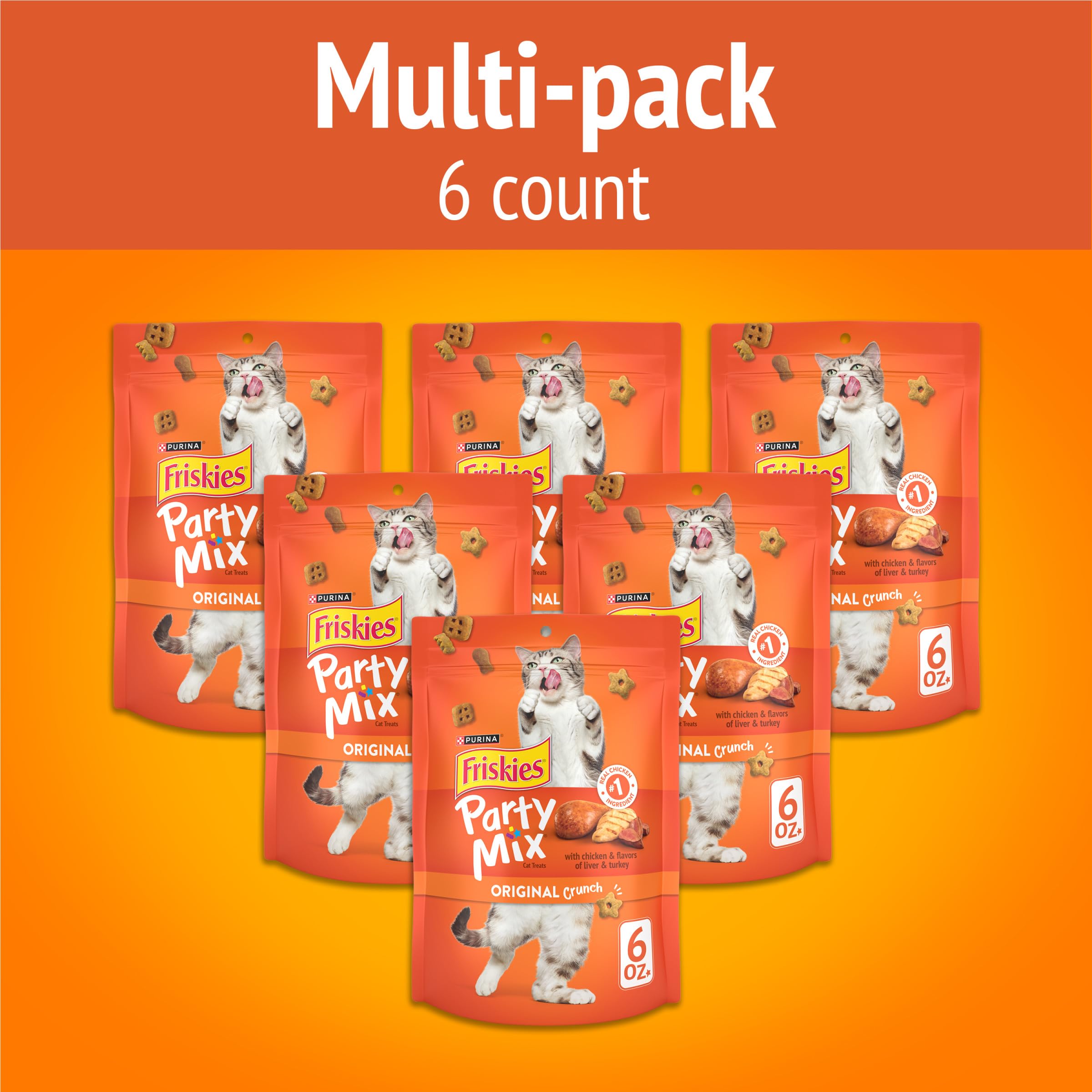 Friskies Party Mix Original Crunch liver and turkey flavors for feline flavor appeal