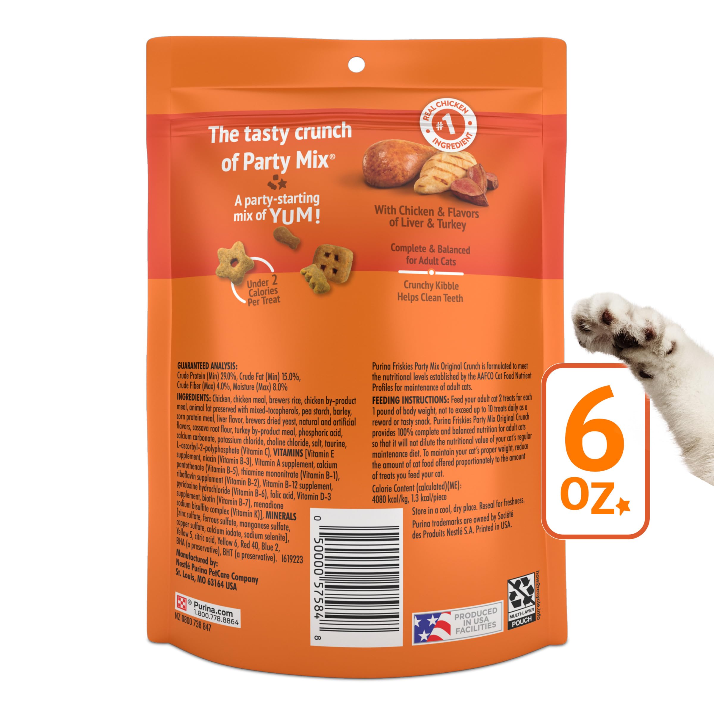 Friskies Party Mix Original Crunch resealable pouch keeps treats fresh for later