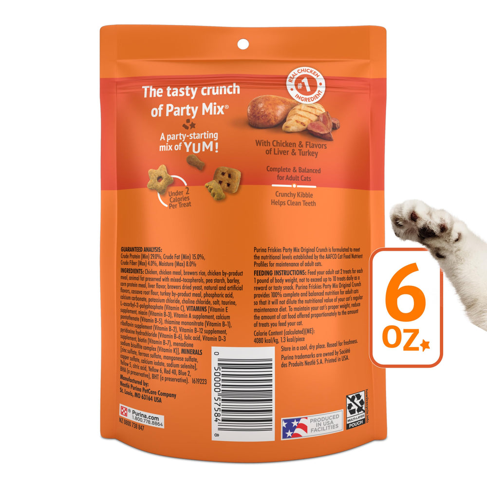 Friskies Party Mix Original Crunch resealable pouch keeps treats fresh for later