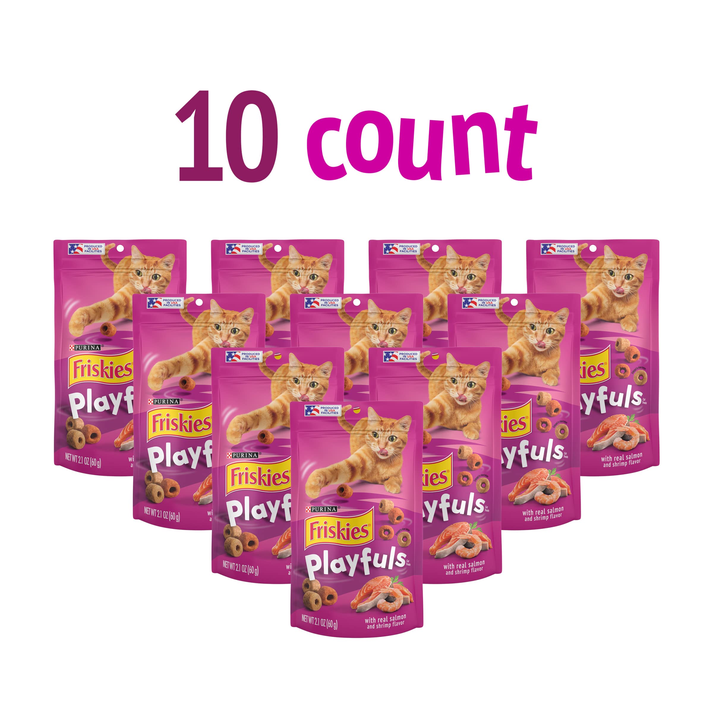Friskies Playfuls crunchy texture cat treat highlighting exciting crunch during snack time.