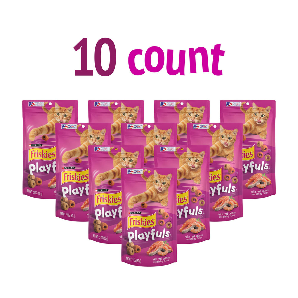 Friskies Playfuls crunchy texture cat treat highlighting exciting crunch during snack time.