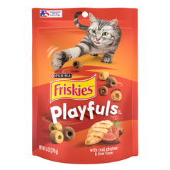 Friskies Playfuls chicken-liver treats front-pack enhances playtime bonding.