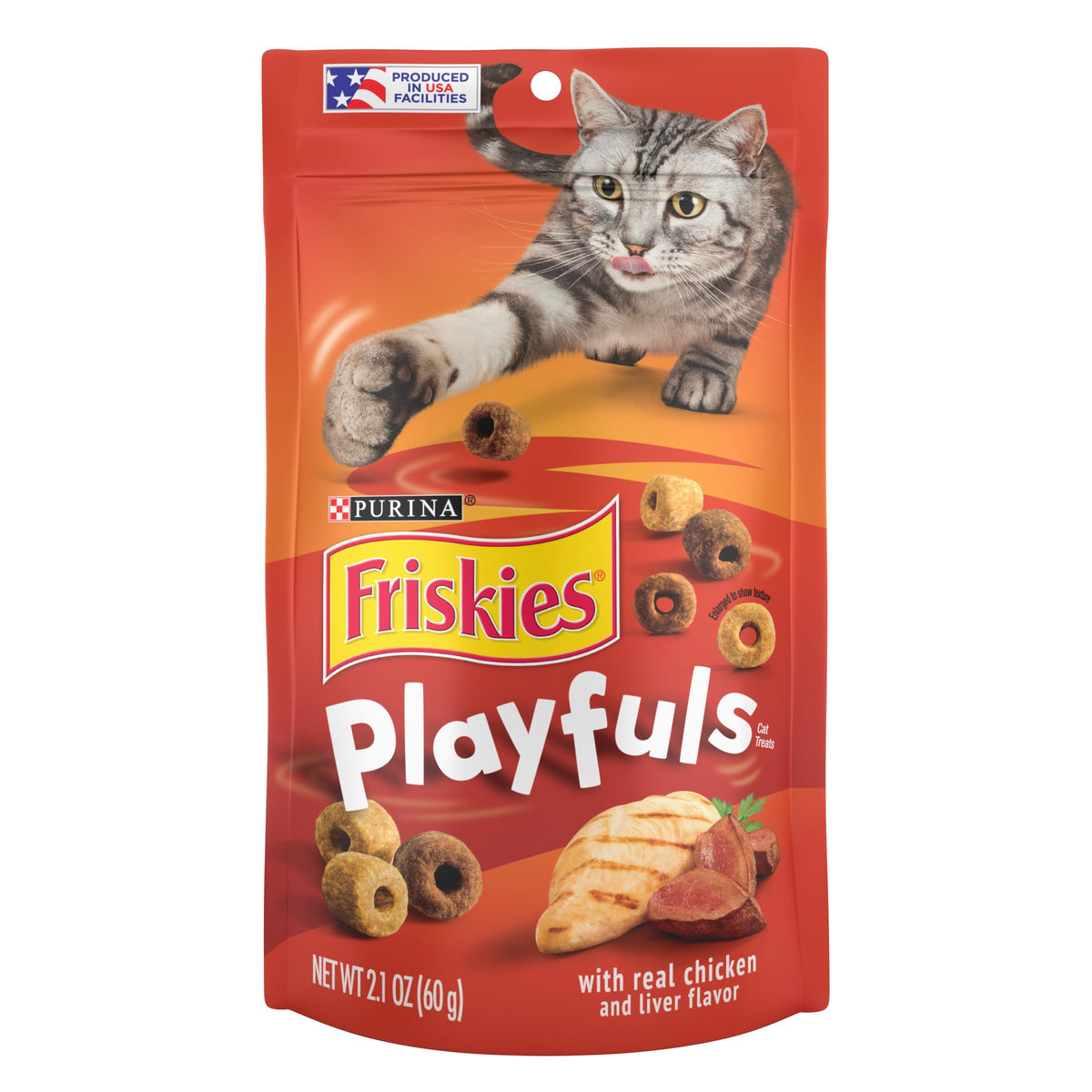 Friskies Playfuls cat treats with chicken and liver shape encourage tossing and pouncing during playtime.