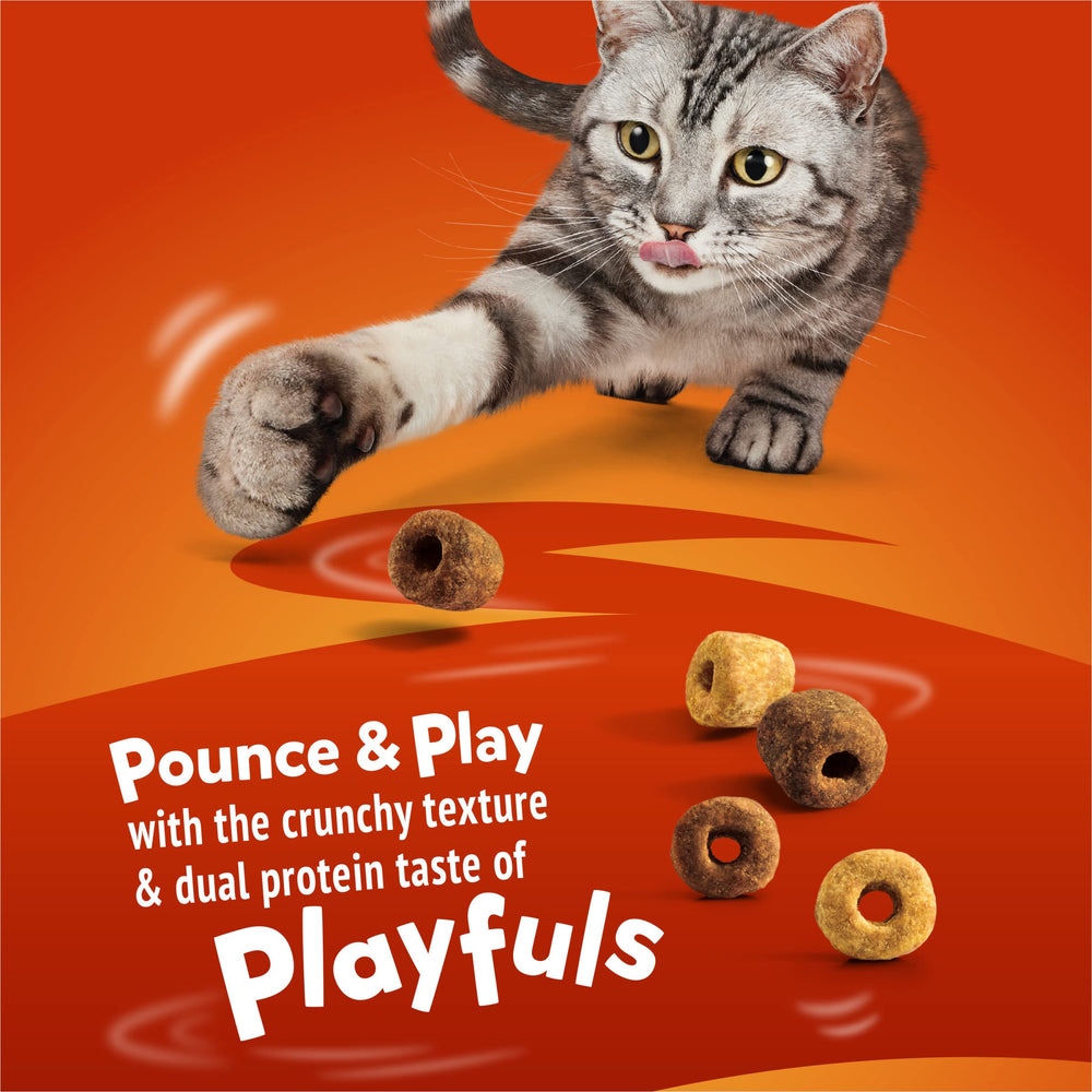 Friskies Playfuls crunchy texture engages cats during treat time.