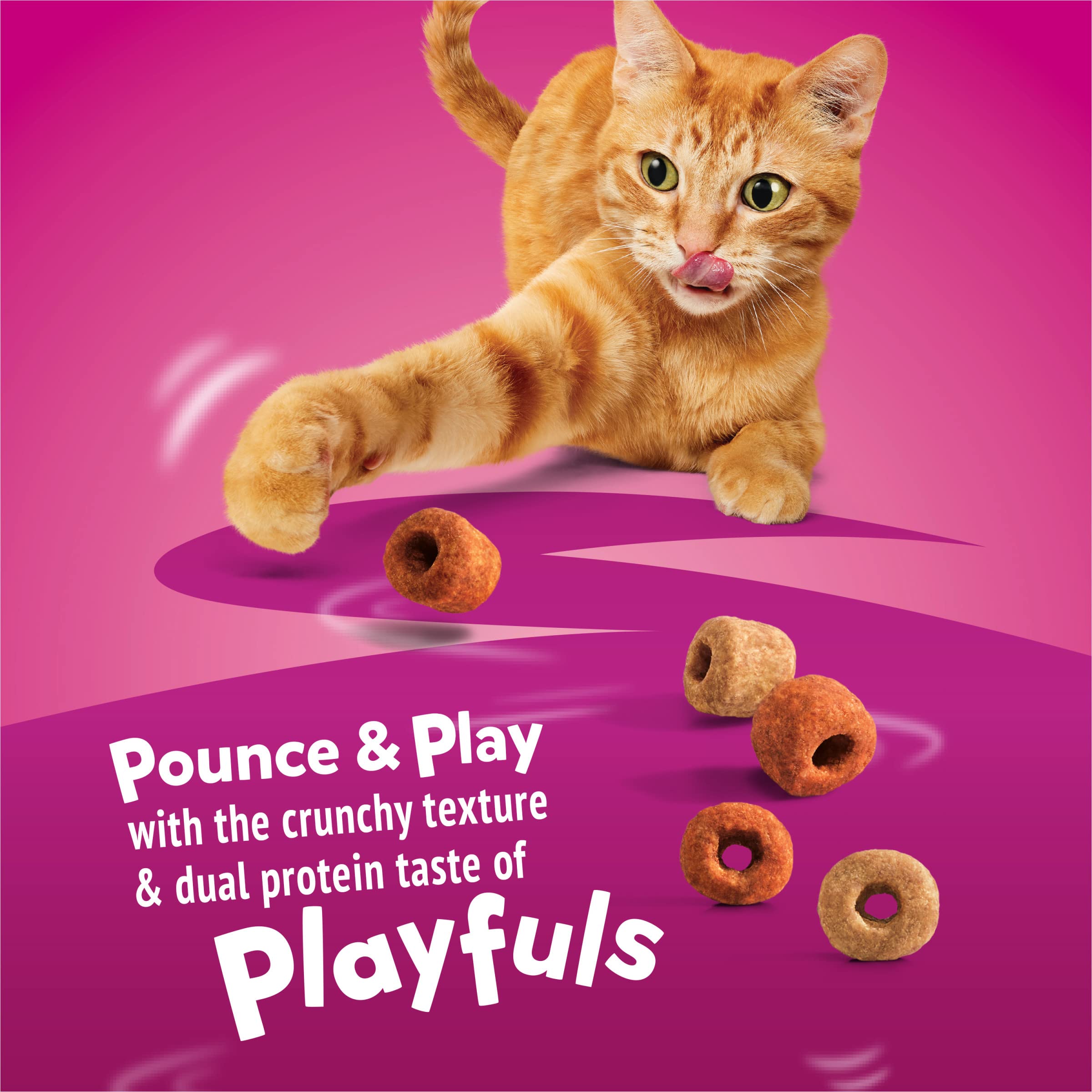 Friskies Playfuls crunchy texture excites cats at treat time.