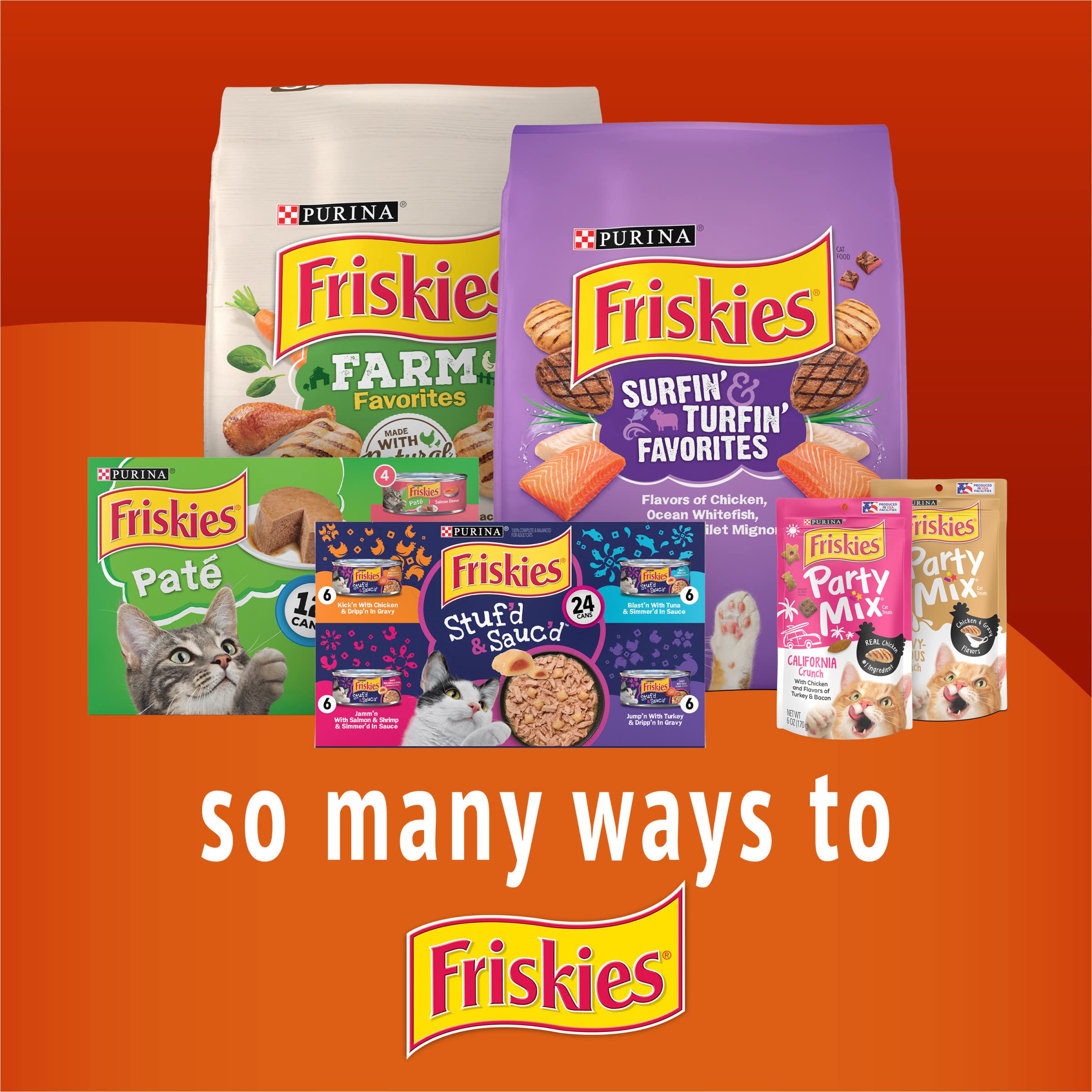 Friskies Playfuls pack-of-6 treats pack-shot communicates value and convenience.