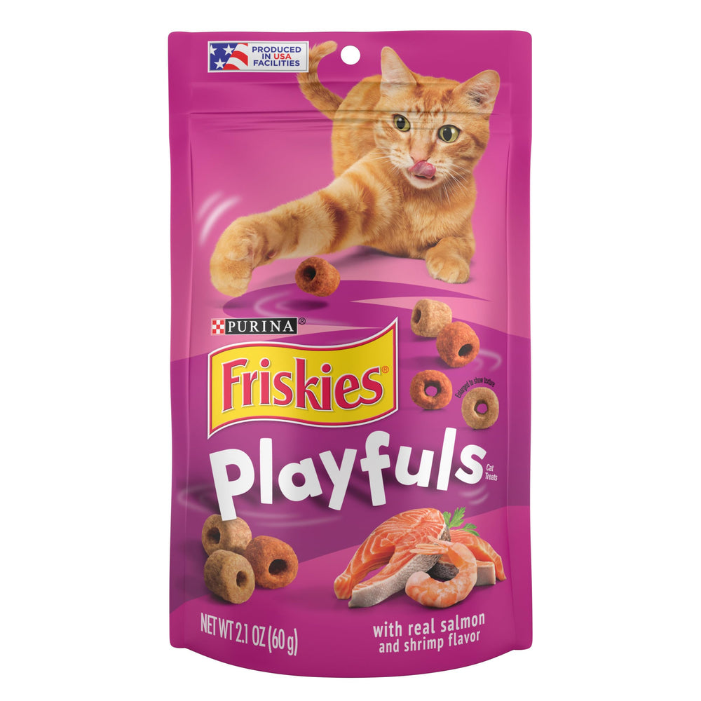 Friskies Playfuls salmon-shrimp pouch highlighting real salmon flavor for engaging playtime.