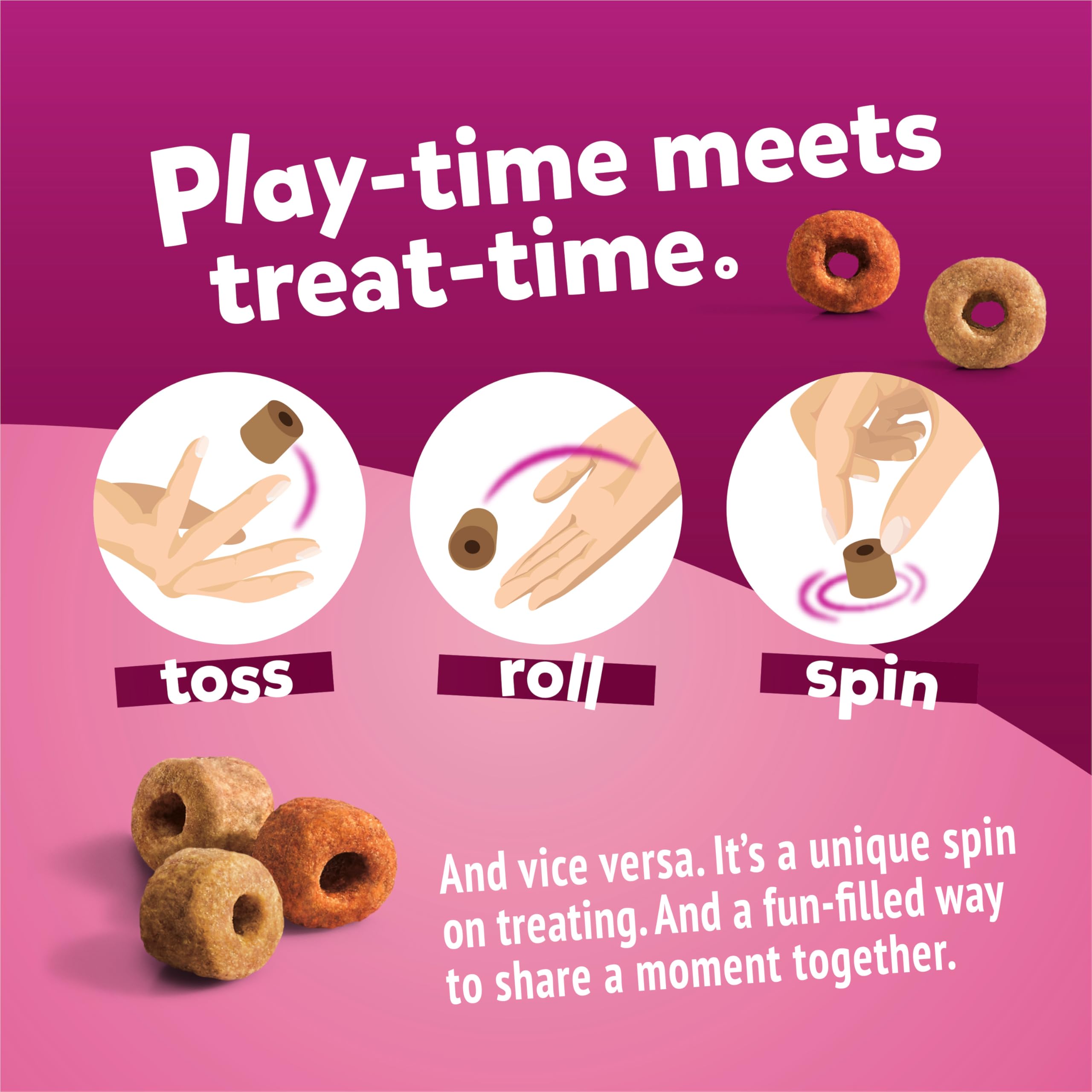 Friskies Playfuls toss-roll-spin shape encouraging interactive games with cats.