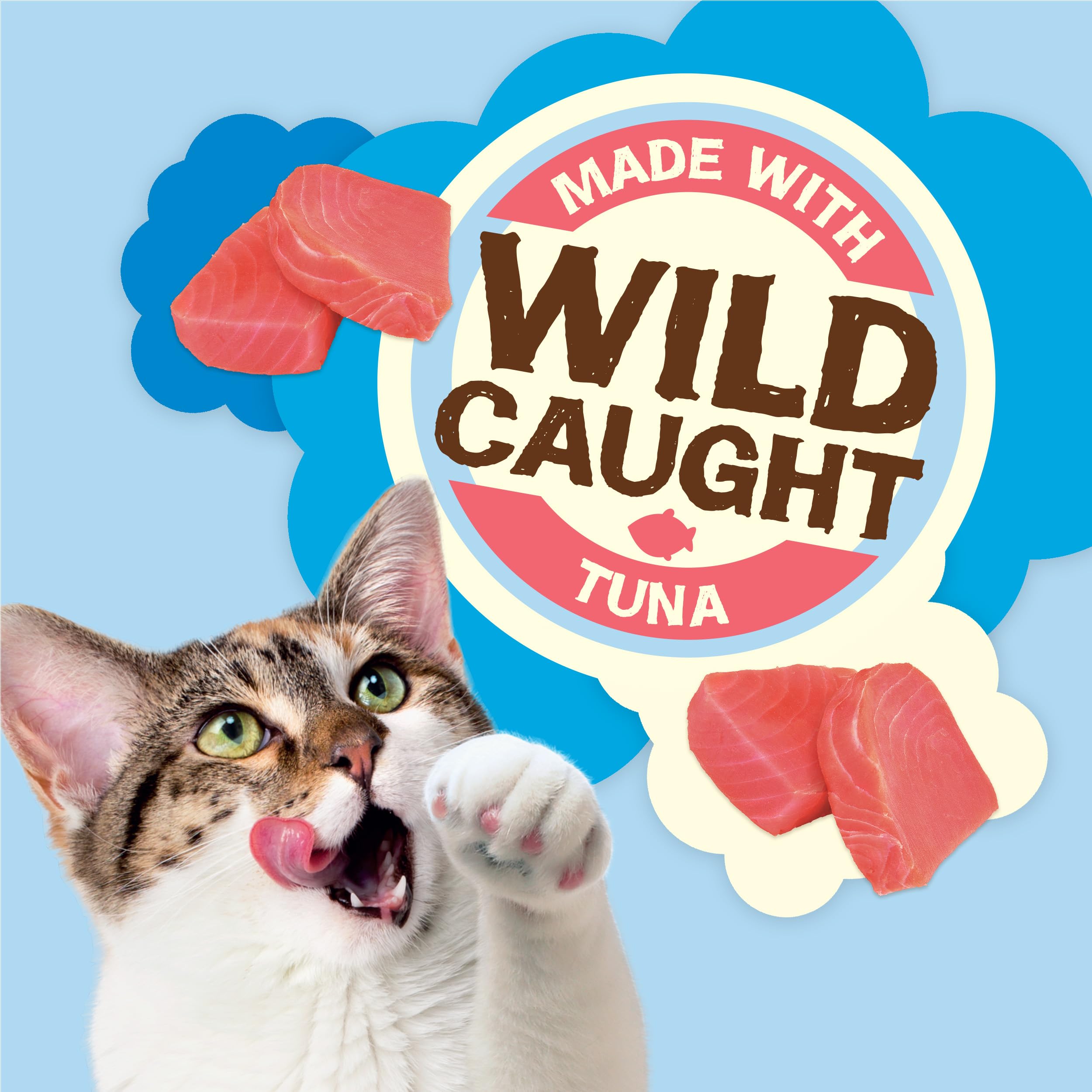 Friskies wild-tuna cat snack close-up showing enticing aroma and bite-sized crunchy bits