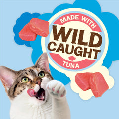 Friskies wild-tuna cat snack close-up showing enticing aroma and bite-sized crunchy bits