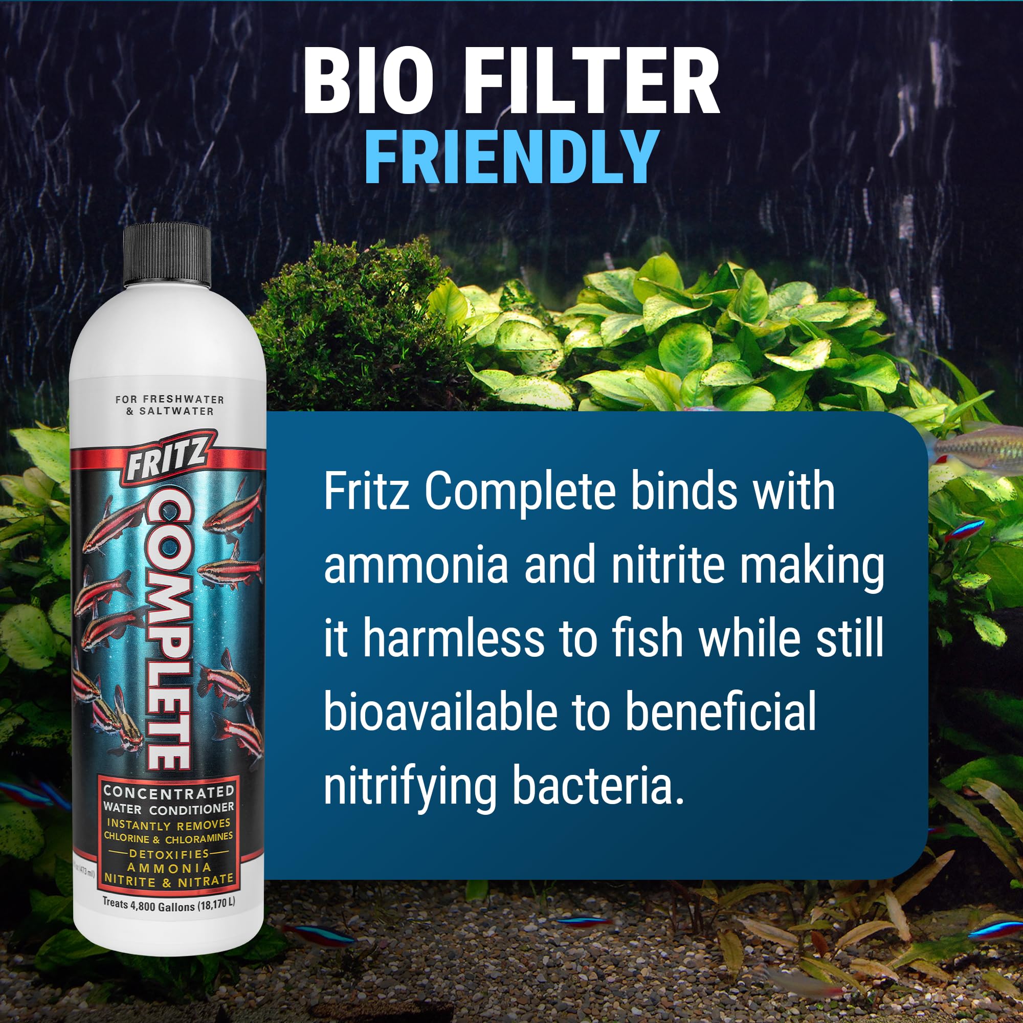 Fritz Aquatics Fritz Complete image highlights its biofilter-friendly ammonia and nitrite management.