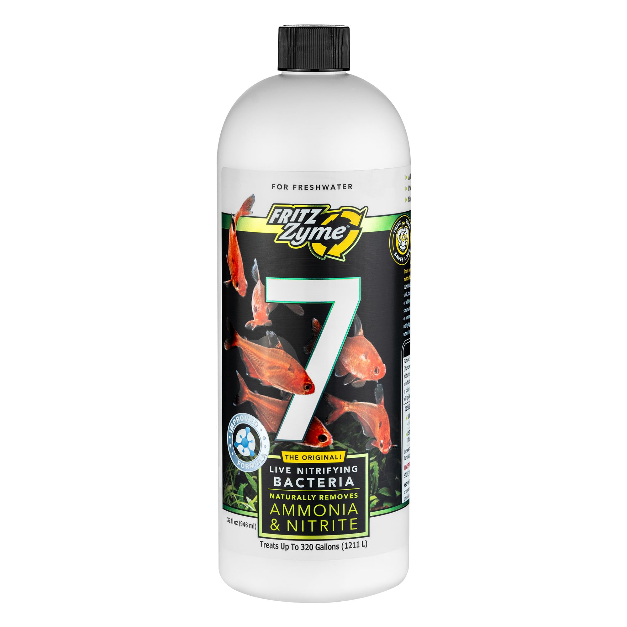 Fritz Aquatics FritzZyme 7 live bacteria bottle shows rapid cycle benefits for new tanks.