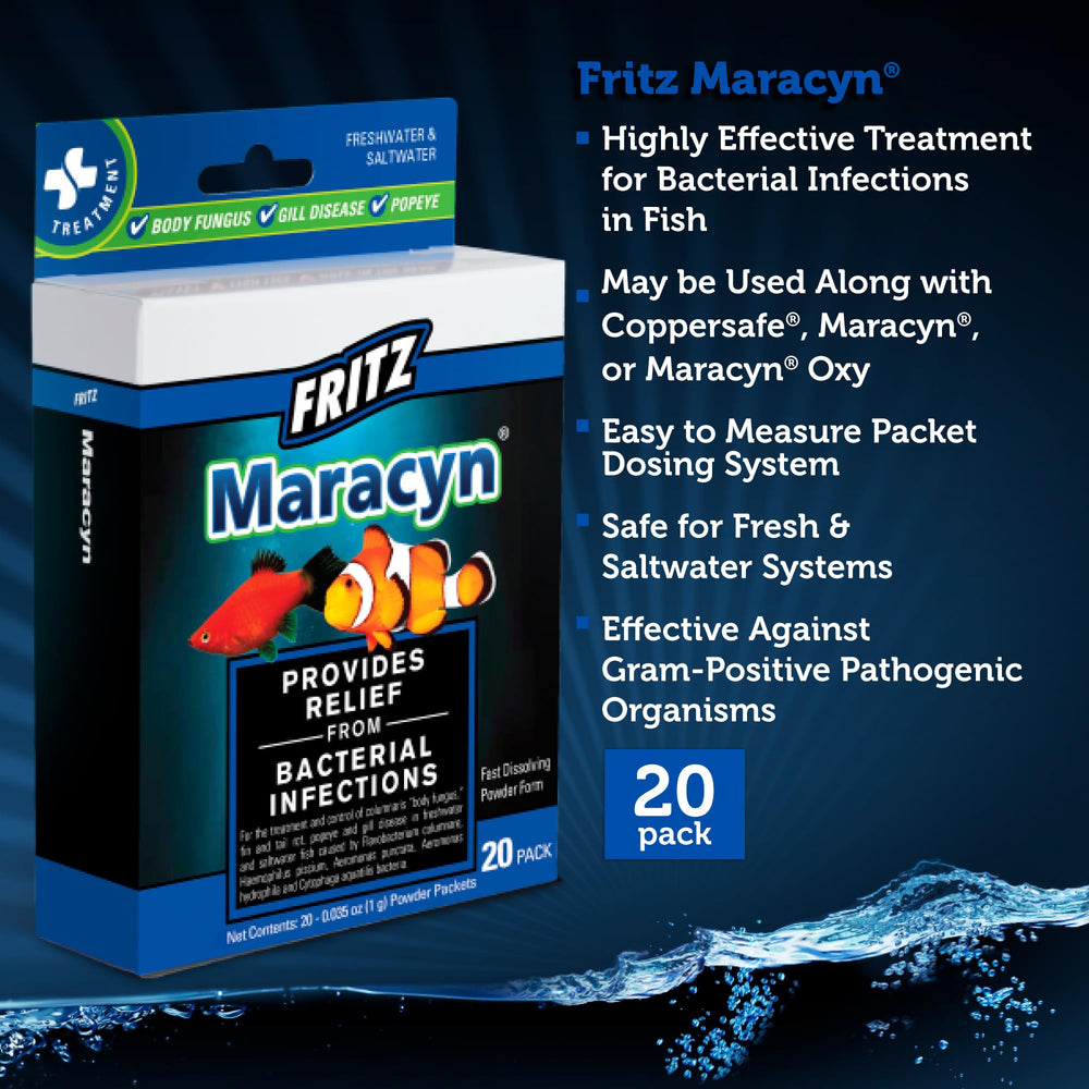 Fritz Aquatics Maracyn bottle label shown for easy reference during treatment.
