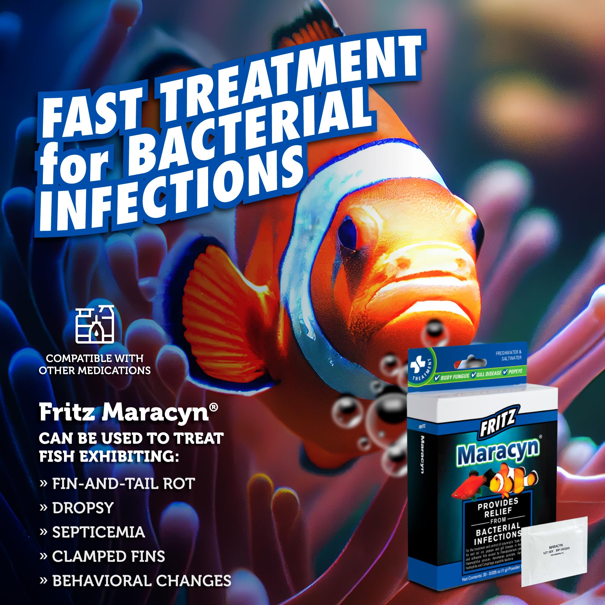 Fritz Aquatics Maracyn tank application demonstrates in-tank dosing during therapy.