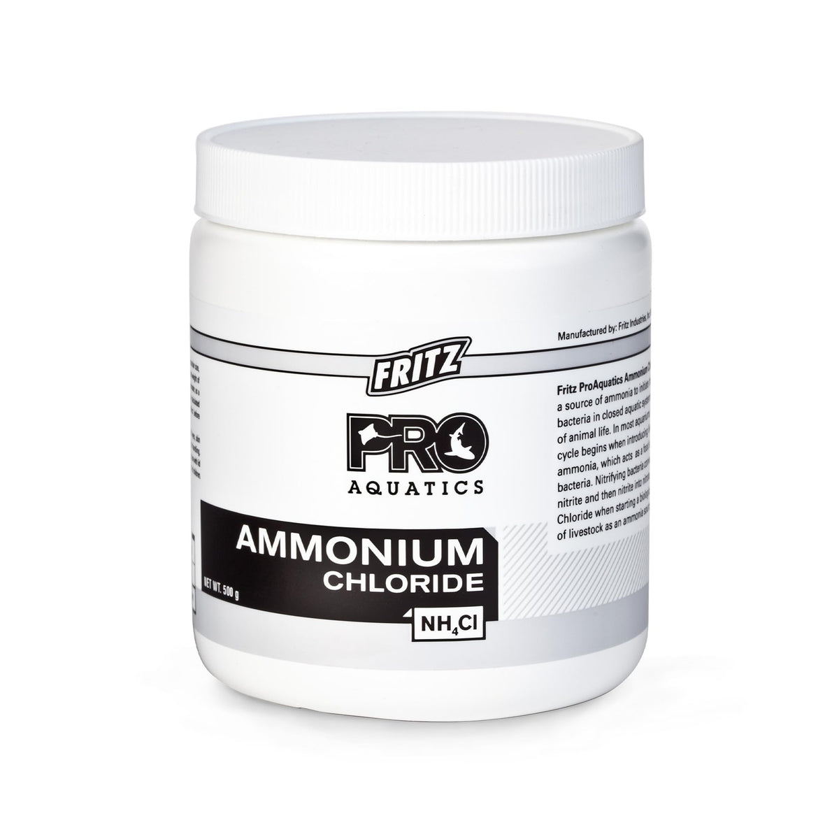 Fritz Pro Aquatics Ammonium Chloride bottle closeup enabling precise fishless cycling dosing.