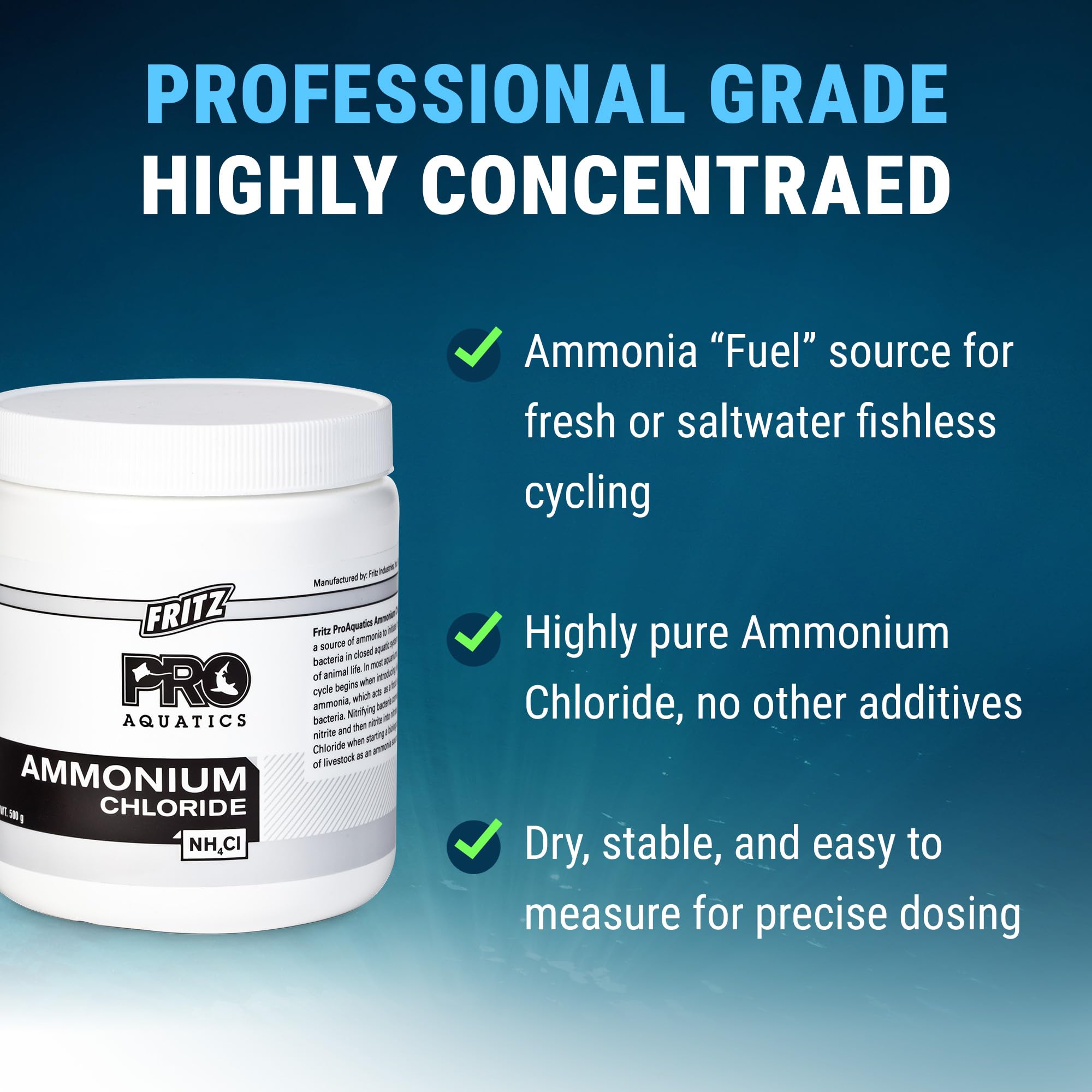 Fritz Pro Aquatics Ammonium Chloride label detail emphasizes exact dosing guidance.