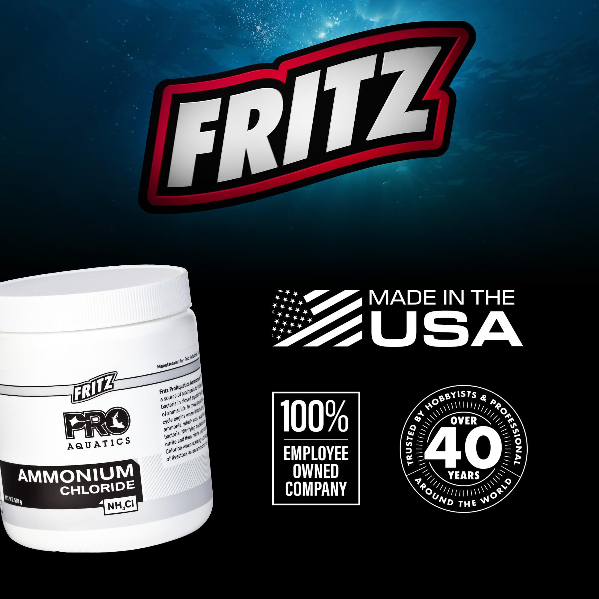 Fritz Pro Aquatics Ammonium Chloride made in USA reflects trusted quality.