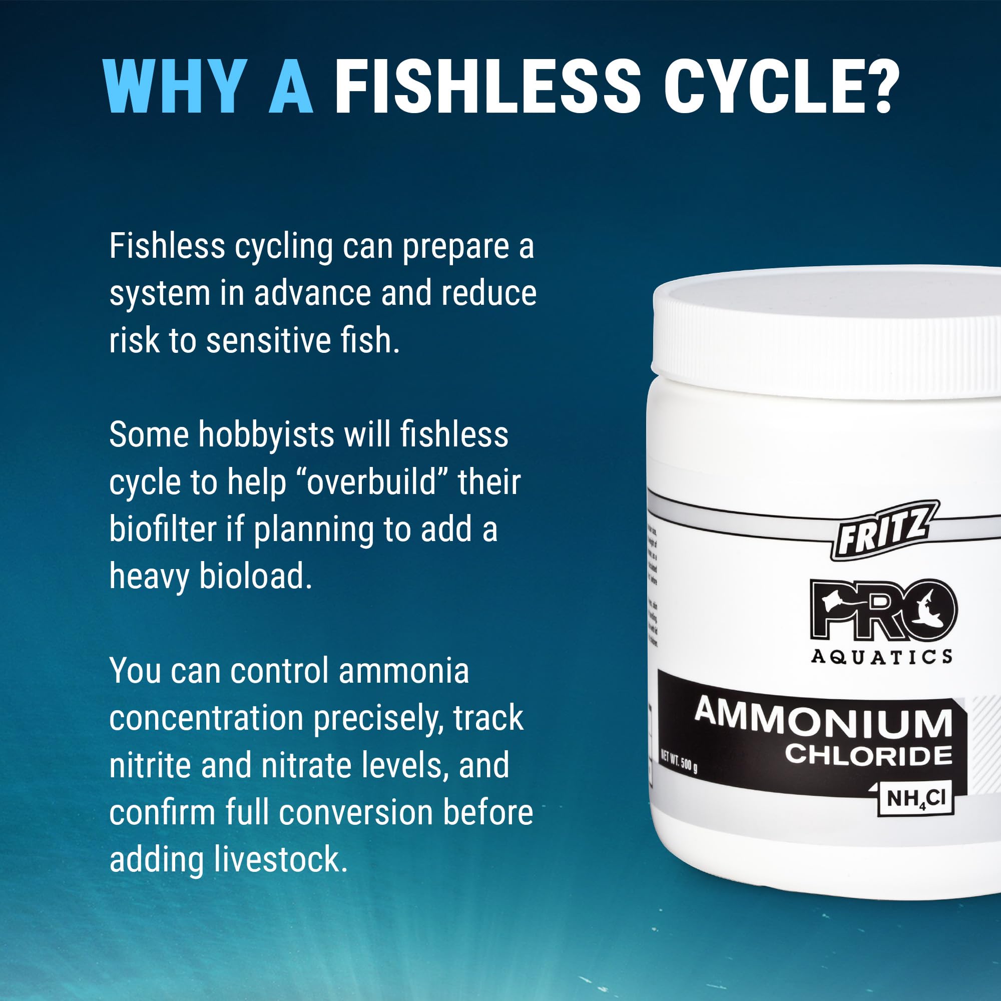 Fritz Pro Aquatics Ammonium Chloride measuring scoop aids accurate dosing.