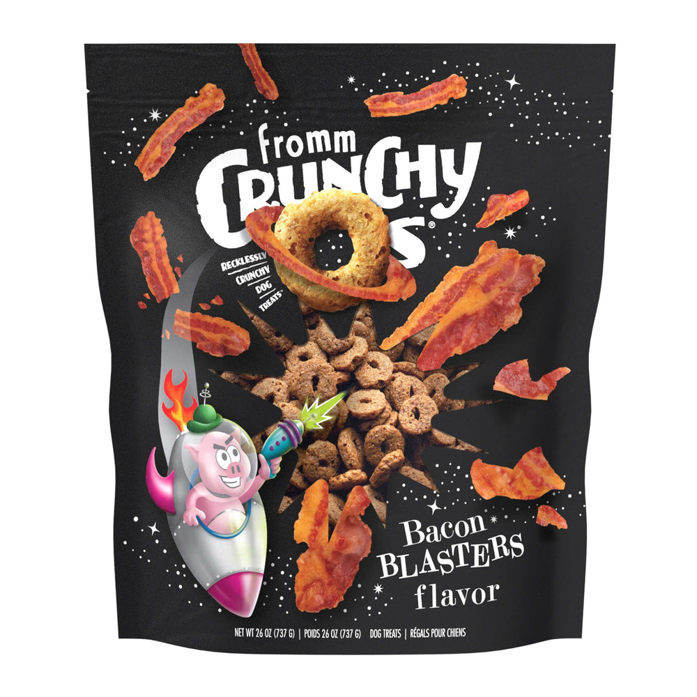 Fromm Crunchy Os Bacon Blasters bag front highlights premium bacon-flavored dog treats.