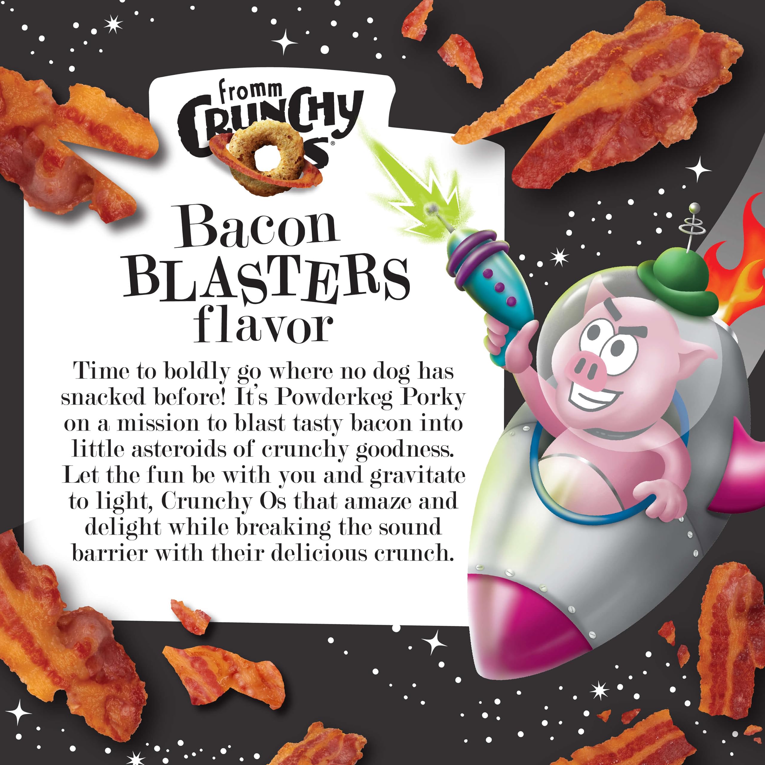 Fromm Crunchy Os Bacon Blasters dog enjoying a tasty crunchy bite.
