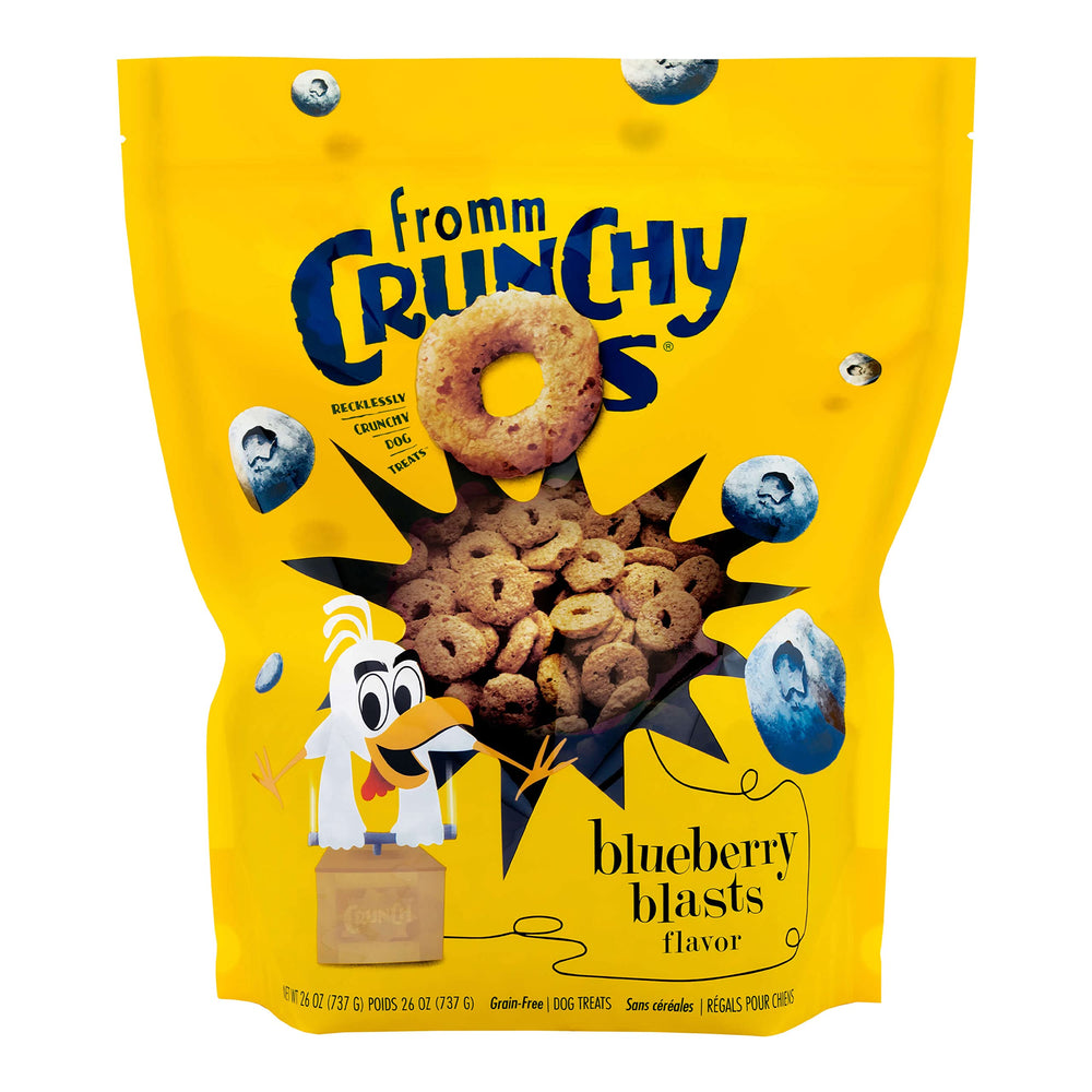 Fromm Crunchy Os Blueberry Blasts bag front featuring chicken treats for training rewards.