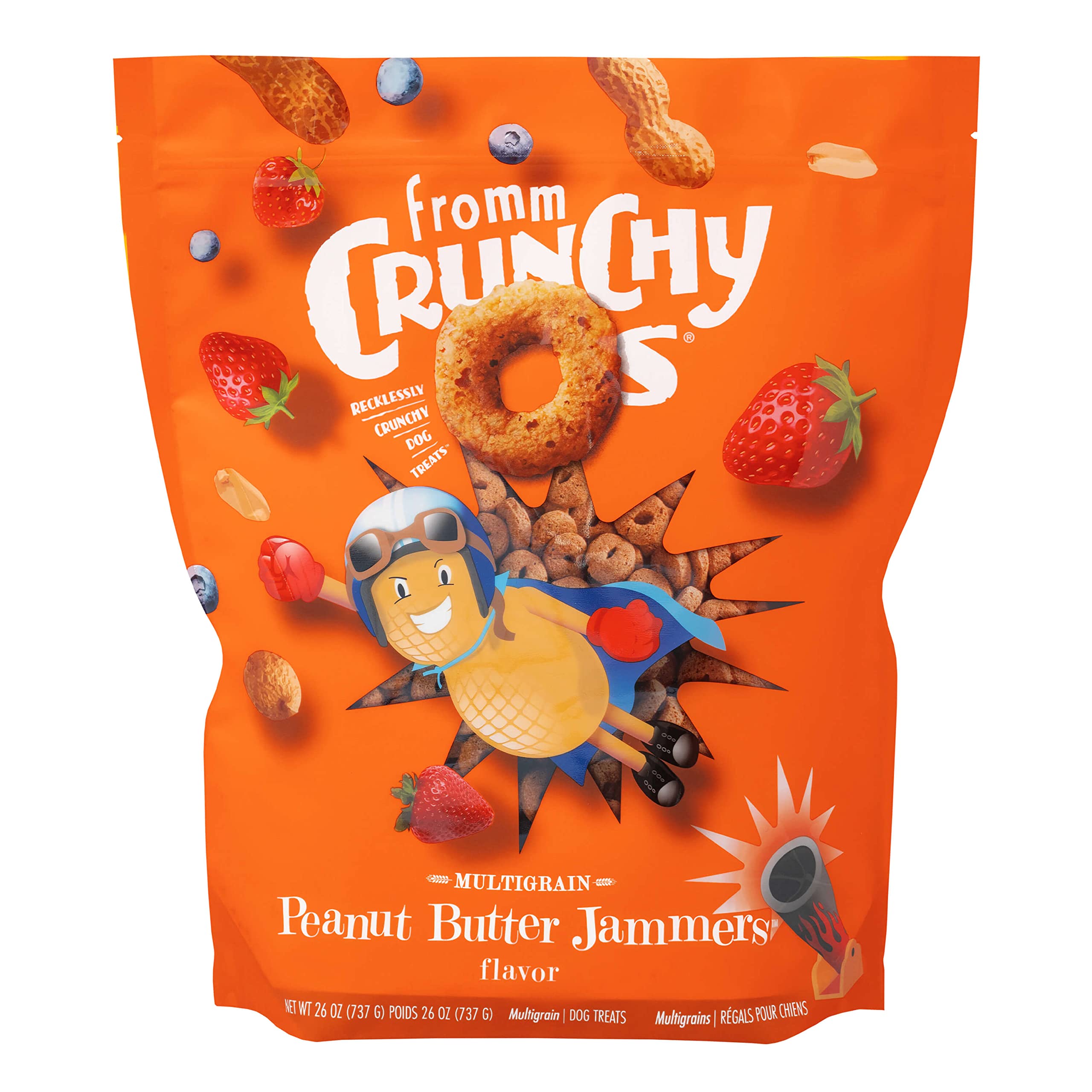 Fromm Crunchy Os Peanut Butter Jammers bag front showcases crunchy training rewards.