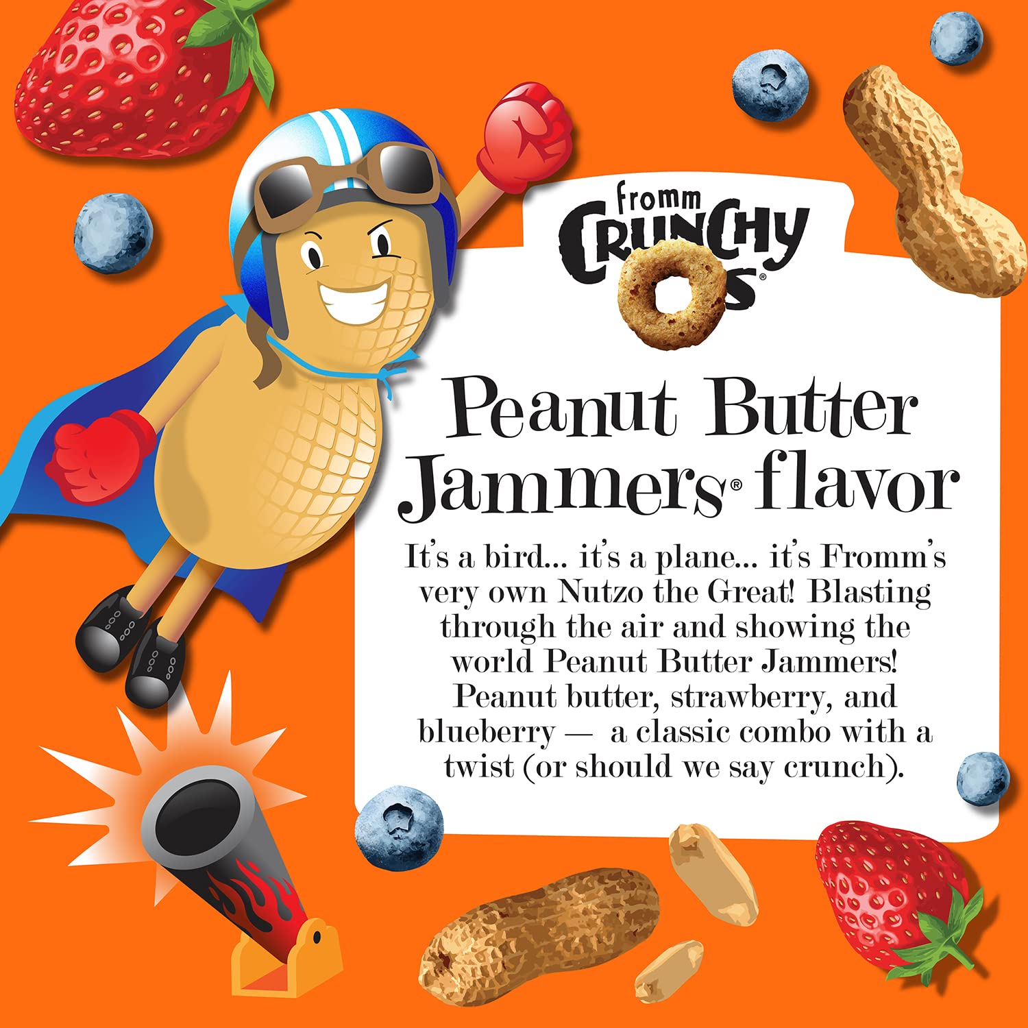 Fromm Crunchy Os Peanut Butter Jammers label shows strawberry and blueberry flavor notes.