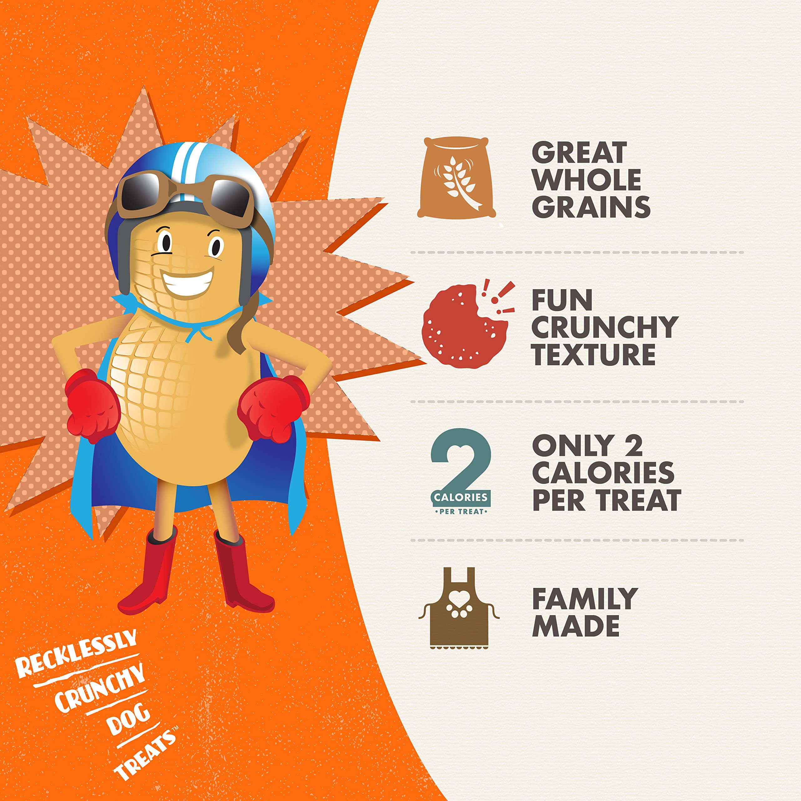 Fromm Crunchy Os Peanut Butter Jammers ingredient panel highlights whole grains for energy and fiber.