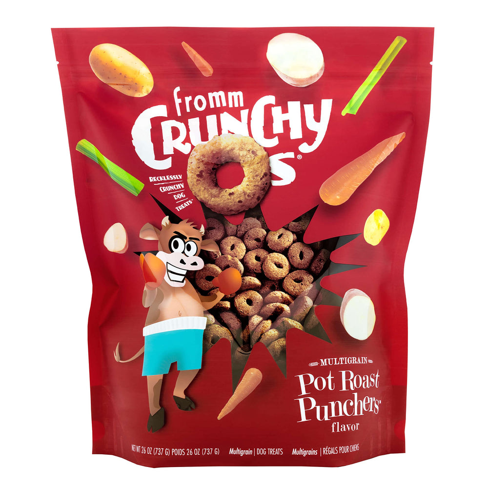 Fromm Crunchy Os Pot Roast Punchers bag closeup reveals a crunchy texture dogs love for rewards.