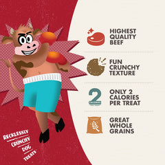 Fromm Crunchy Os Pot Roast Punchers beef-ingredients closeup highlights beef flavor and wholesome grains.
