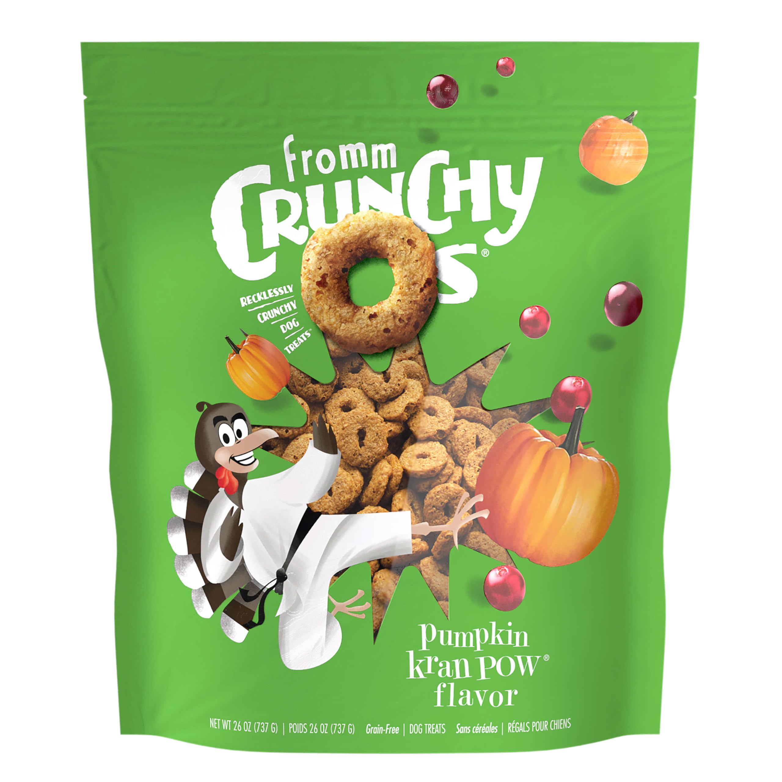Fromm Crunchy Os Pumpkin Kran Pow bag shows wholesome turkey-based snack ideal for training rewards